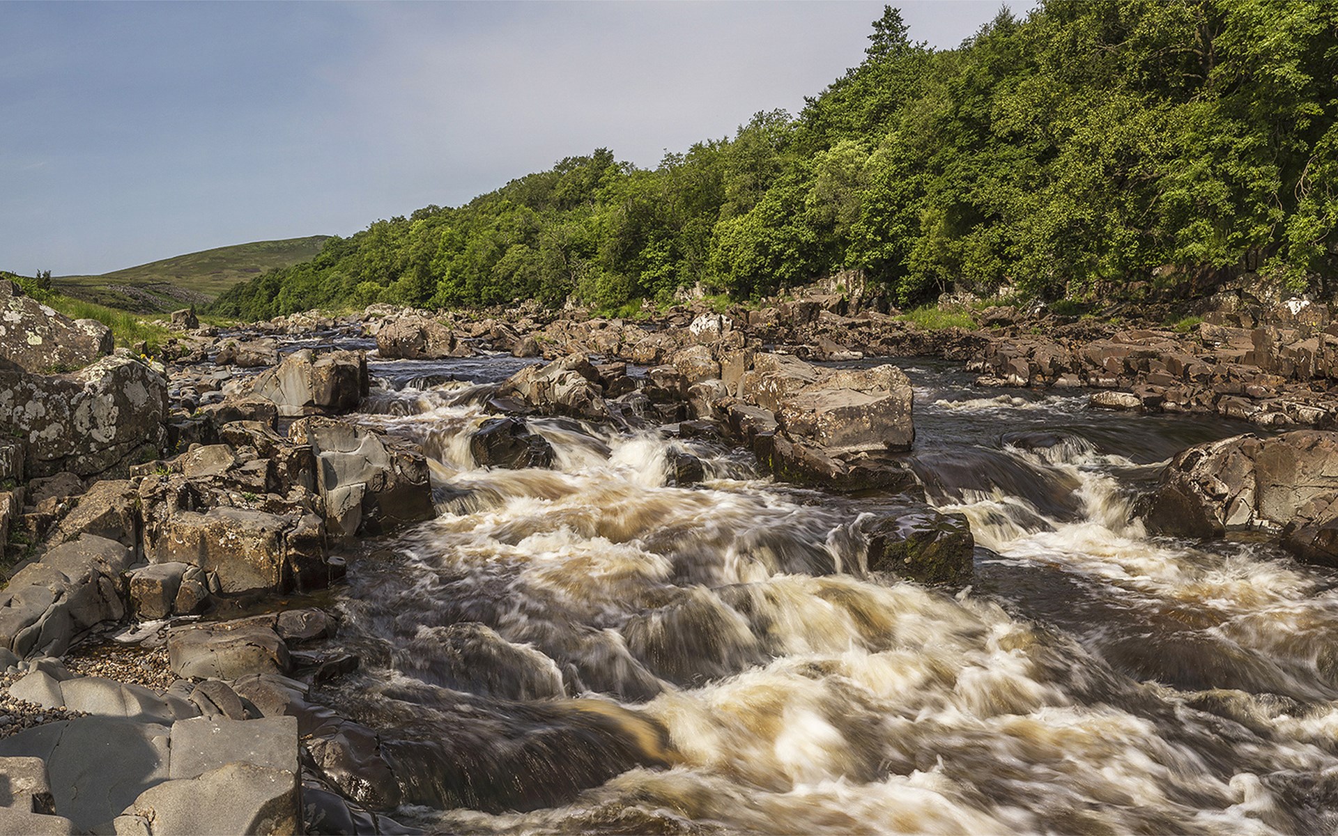 River flowing over rocks with trees on the bank HD Wallpaper