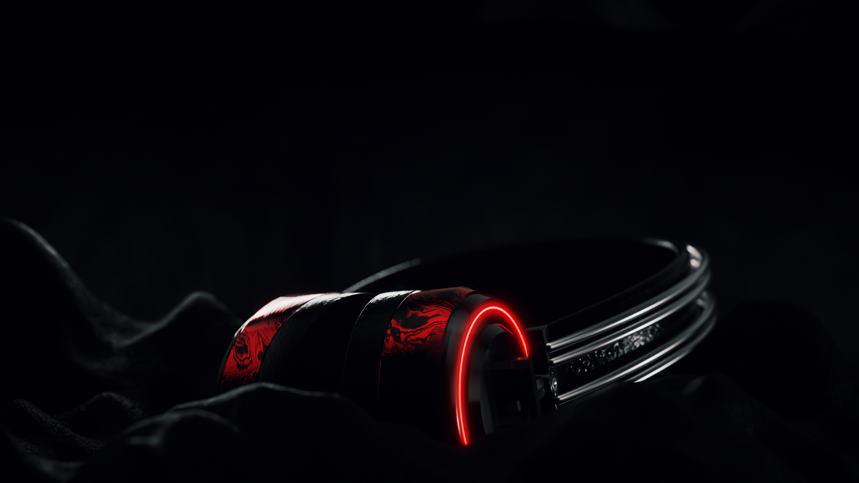 CG headphones with red neon accents on dark fabric HD Wallpaper
