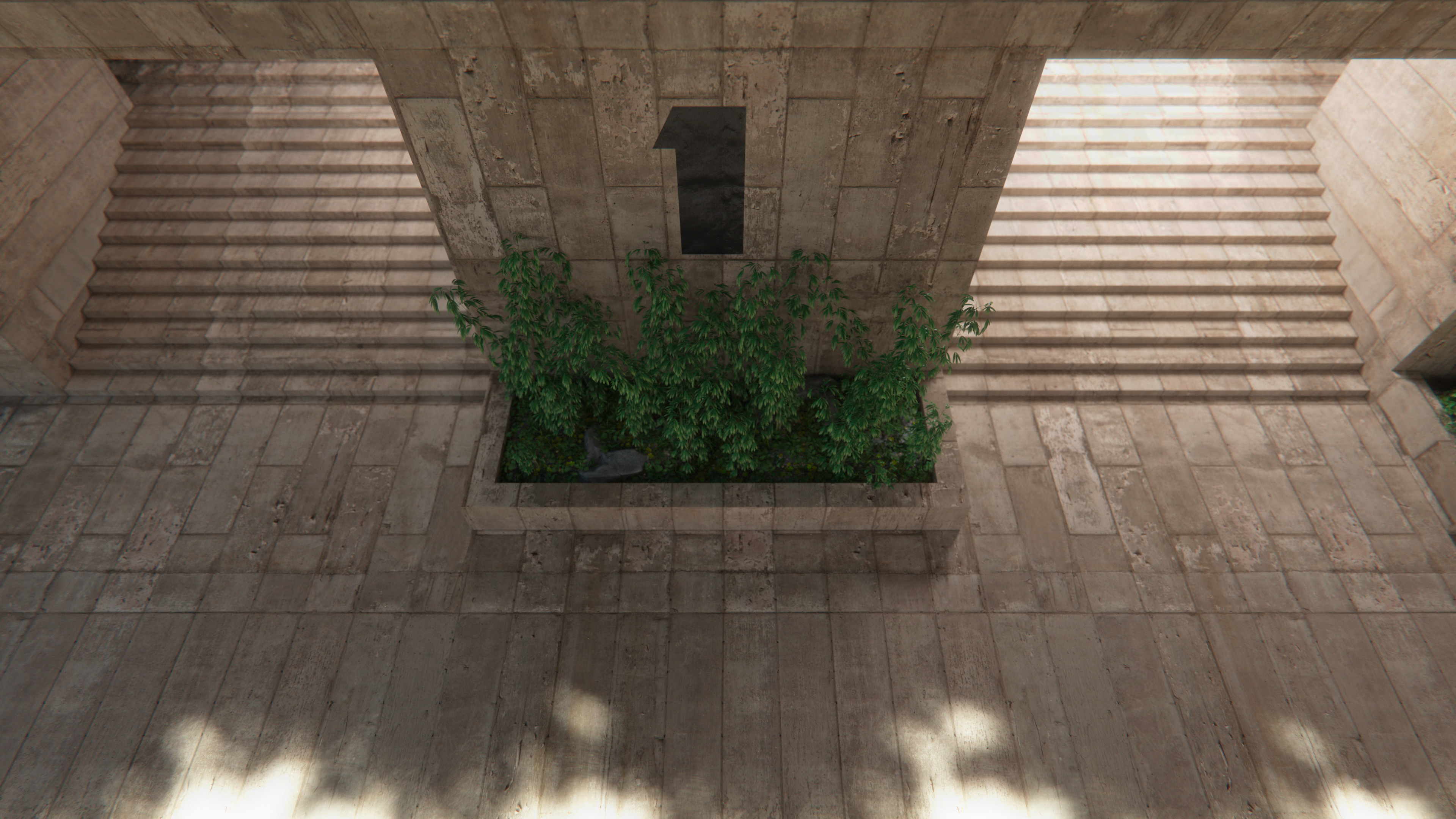 Brutalist architecture with stairs and plants HD Wallpaper