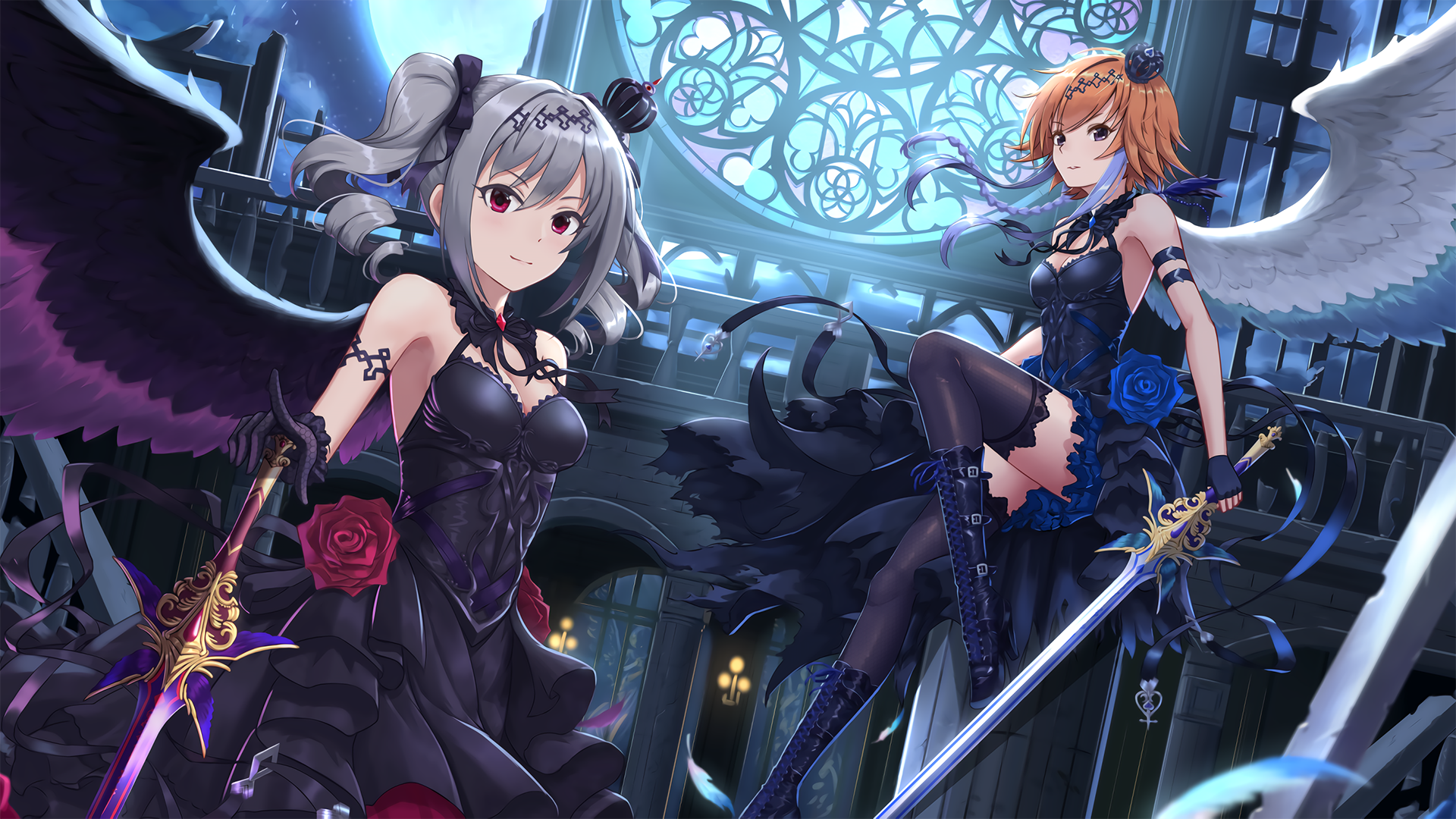 Two anime girls with swords and wings HD Wallpaper