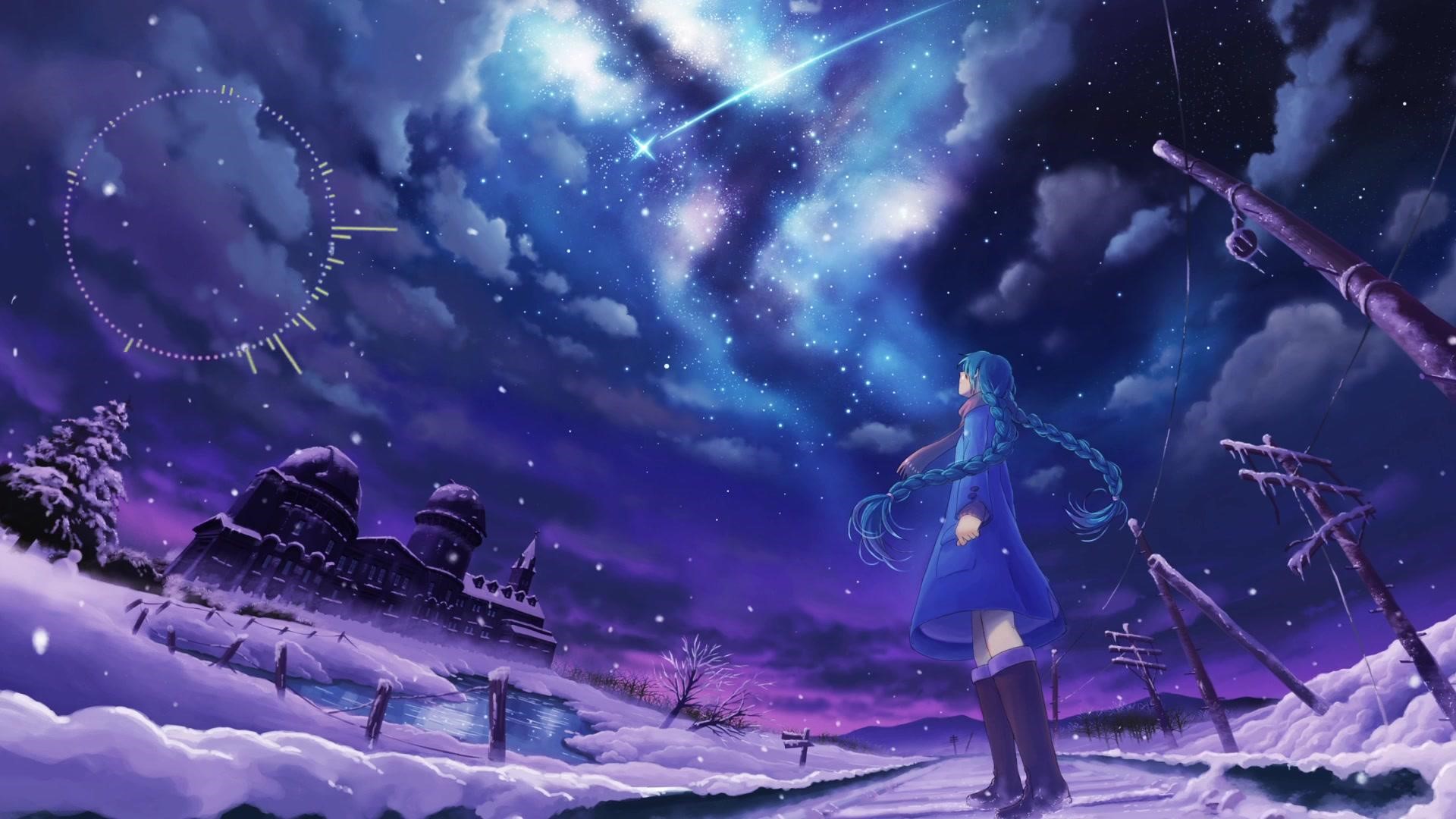 Anime girl watching shooting stars in a snowy landscape HD Wallpaper