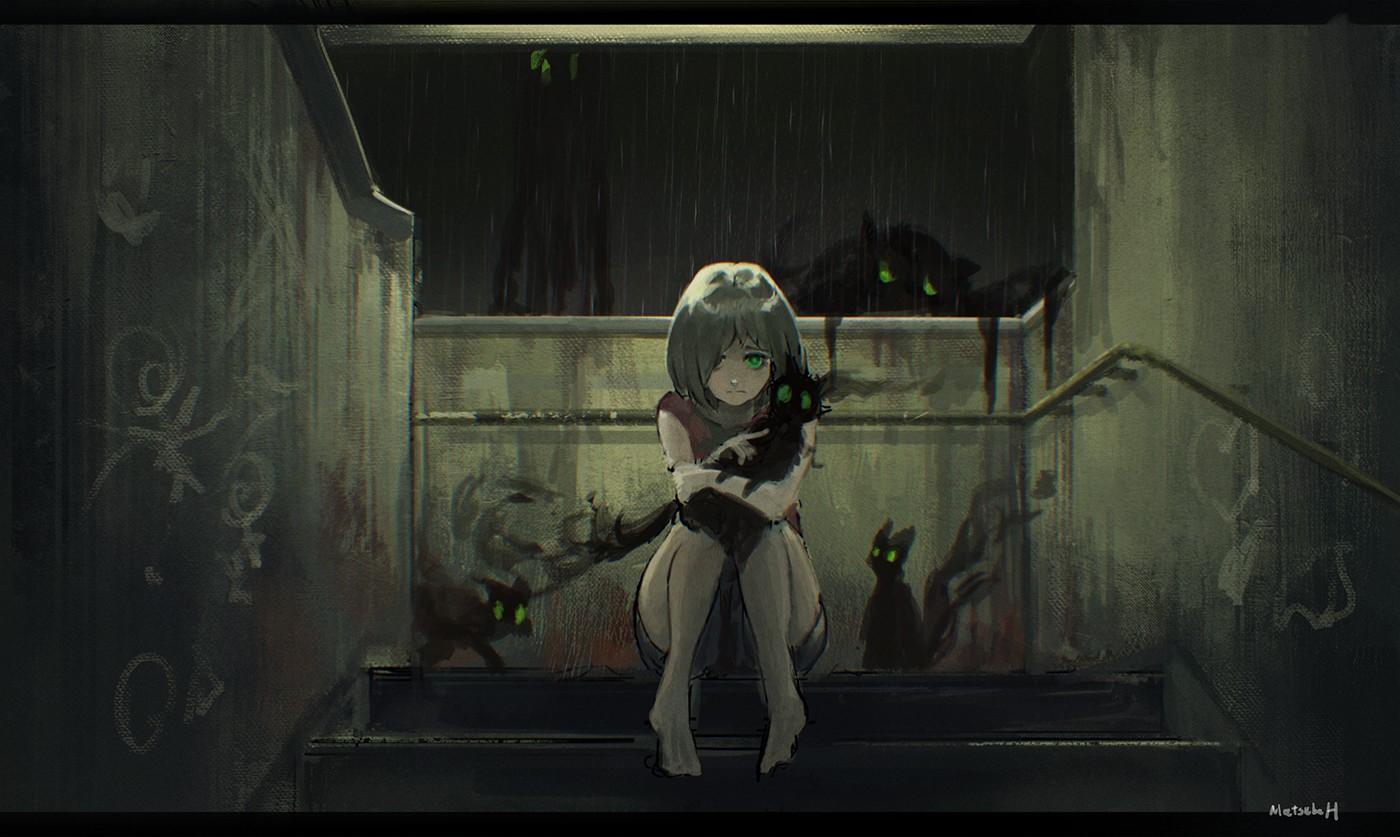 Girl holding a black cat with green eyes surrounded by shadowy cats HD Wallpaper
