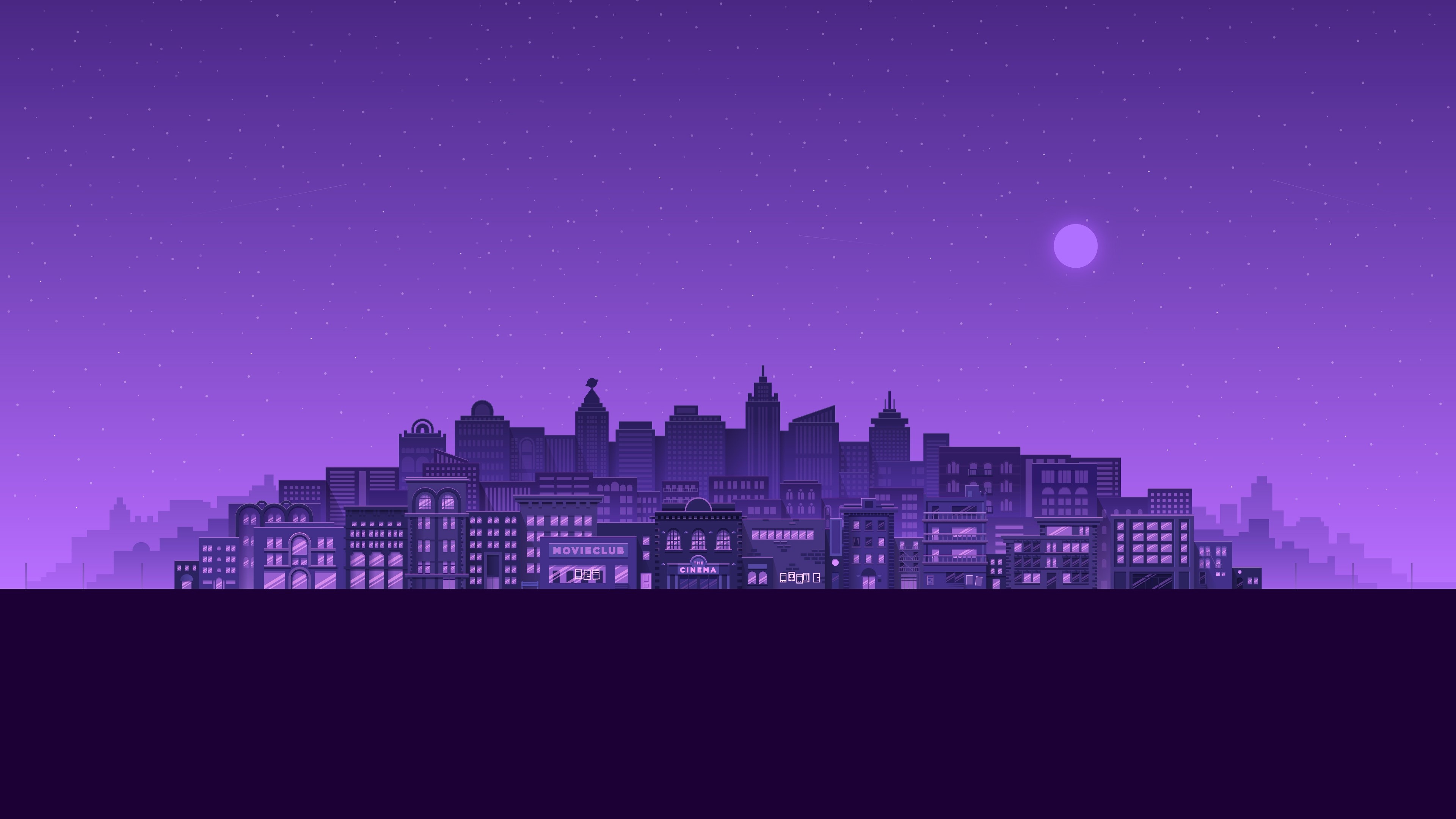 Purple cityscape at night with stars and moon HD Wallpaper