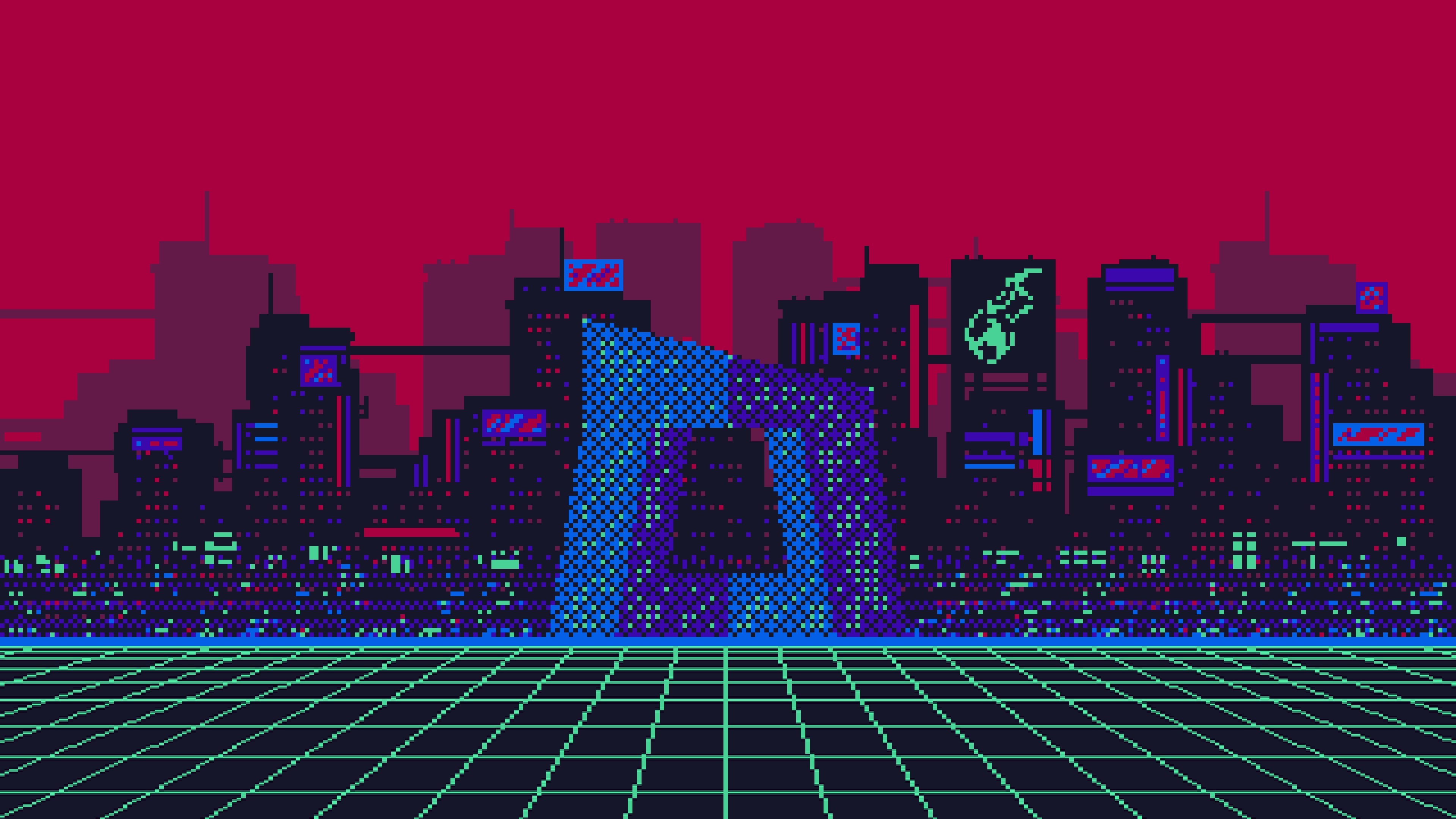 Pixel Art Cityscape with Futuristic Building HD Wallpaper