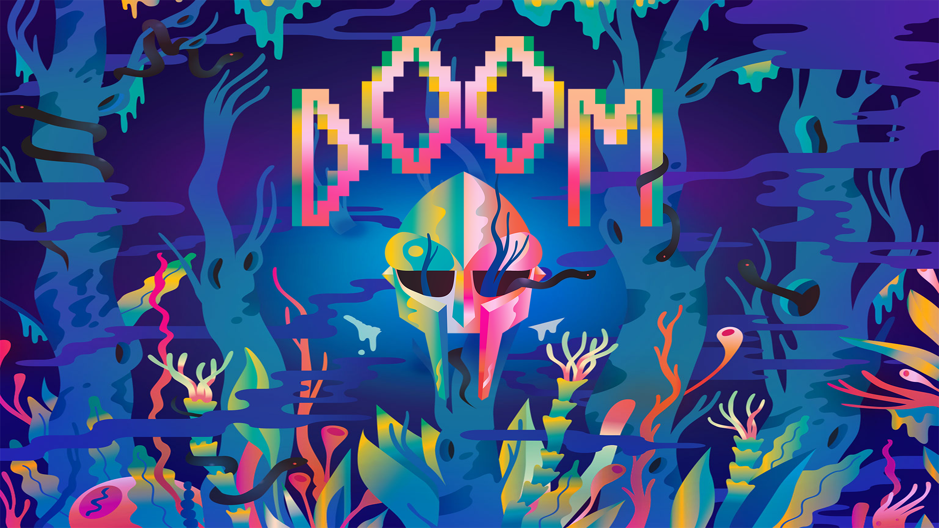 MF DOOM mask in a colorful, abstract forest HD Wallpaper