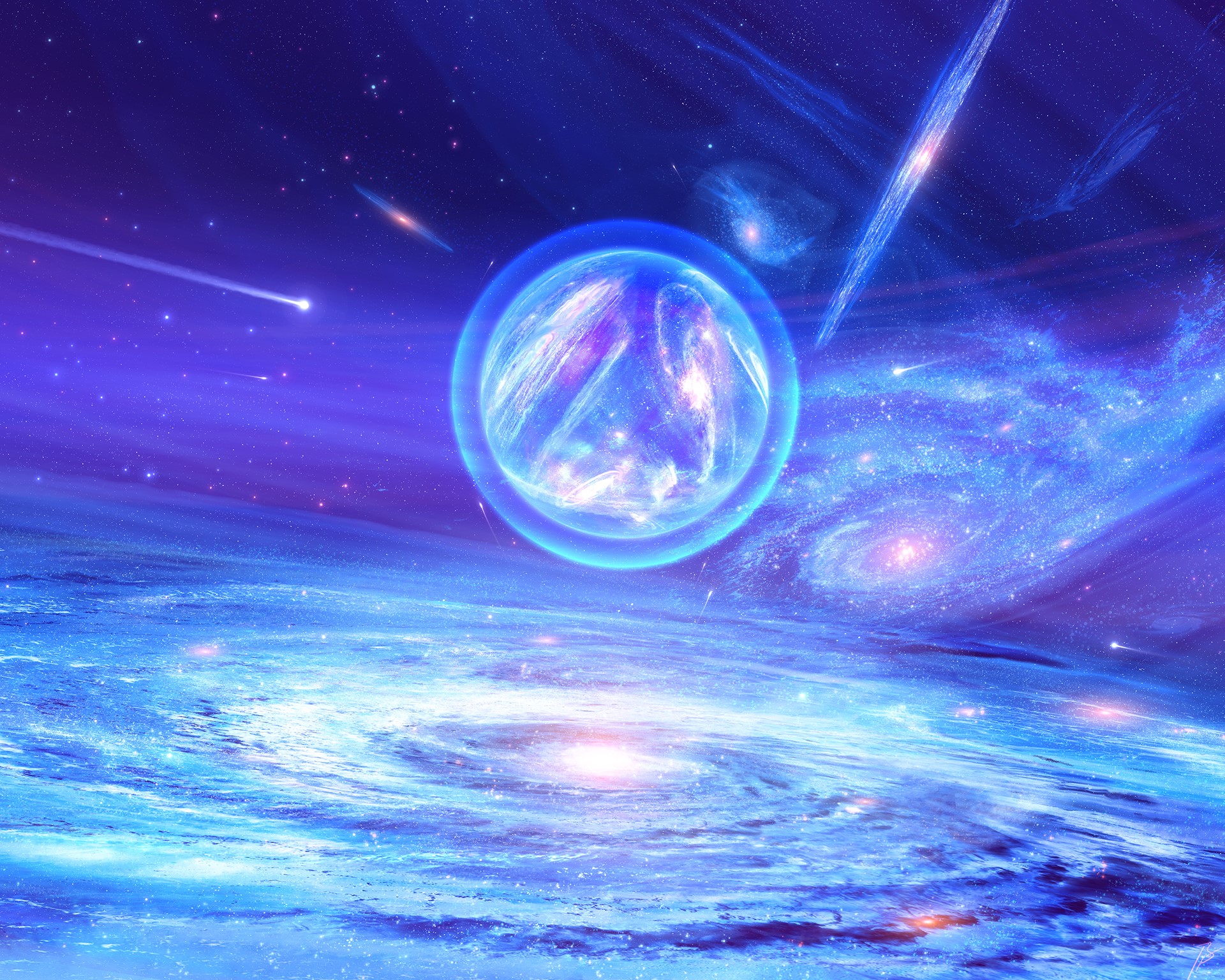 Glowing orb in a purple galaxy with comets HD Wallpaper