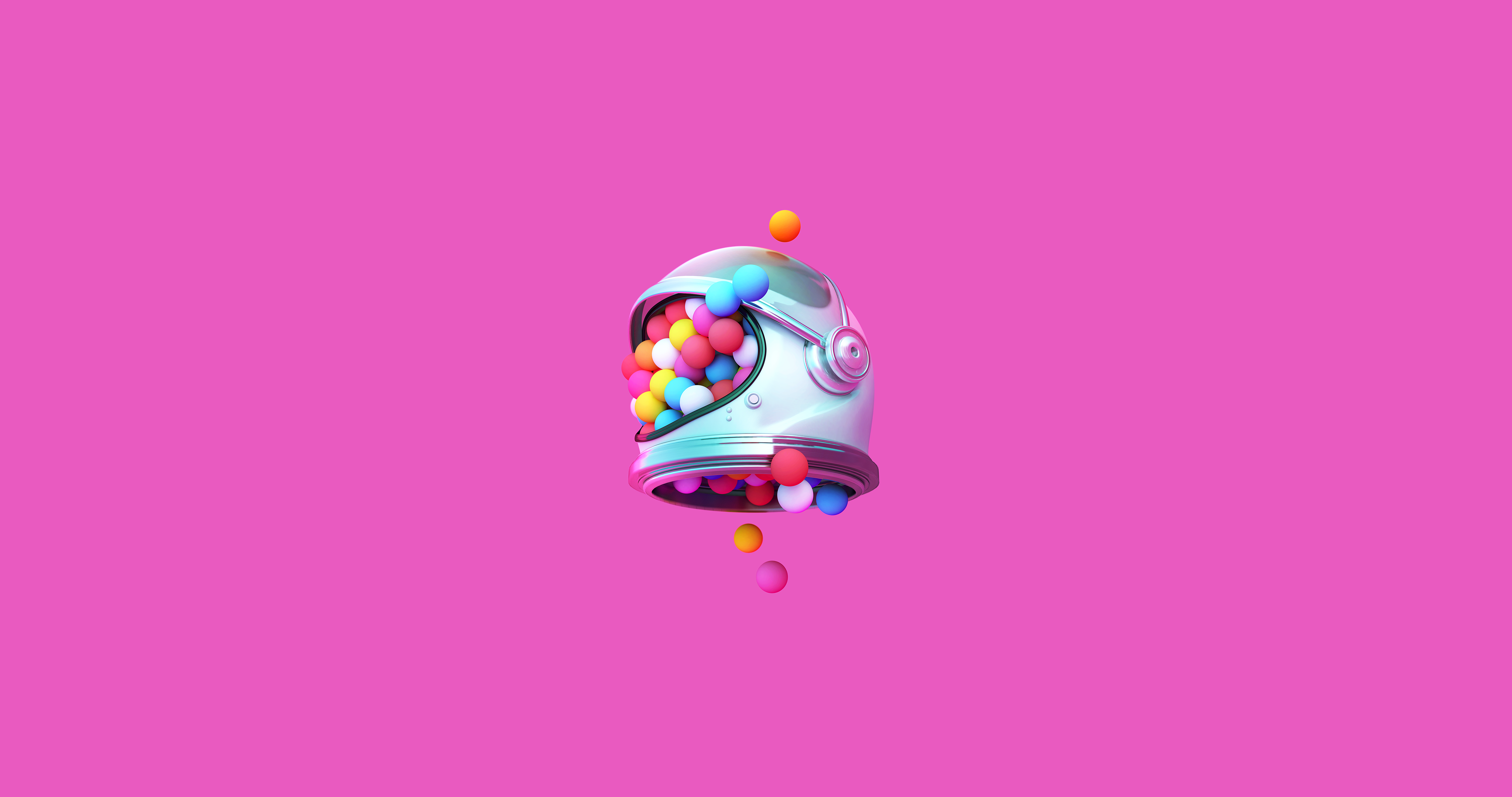 Astronaut helmet filled with colorful gumballs on pink background HD Wallpaper