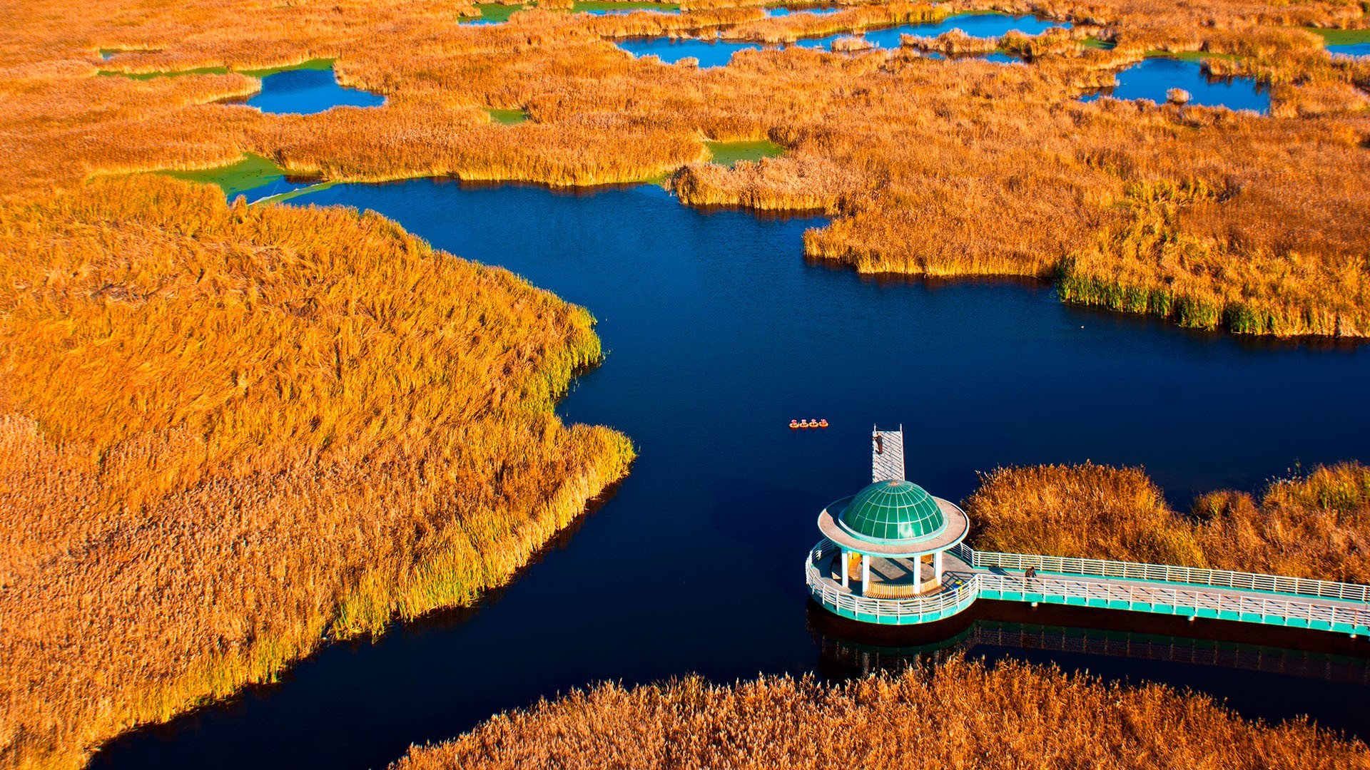 Aerial view of a wetland with a pavilion and boats HD Wallpaper
