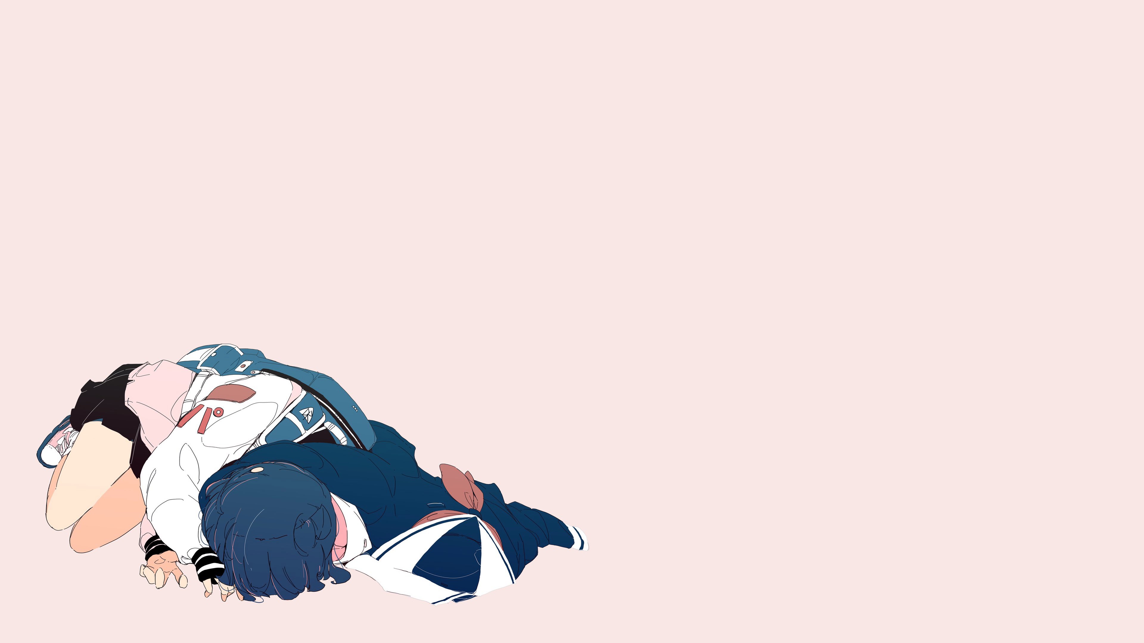 Anime girls in streetwear and school uniforms on pink background HD Wallpaper