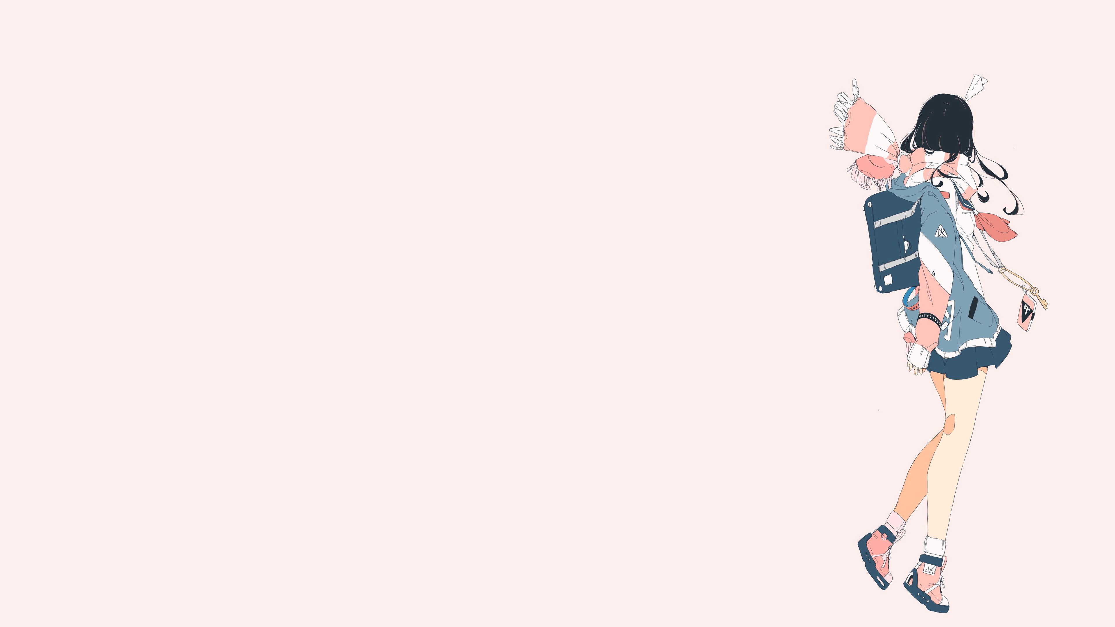 Anime girl with backpack and scarf on pink background HD Wallpaper