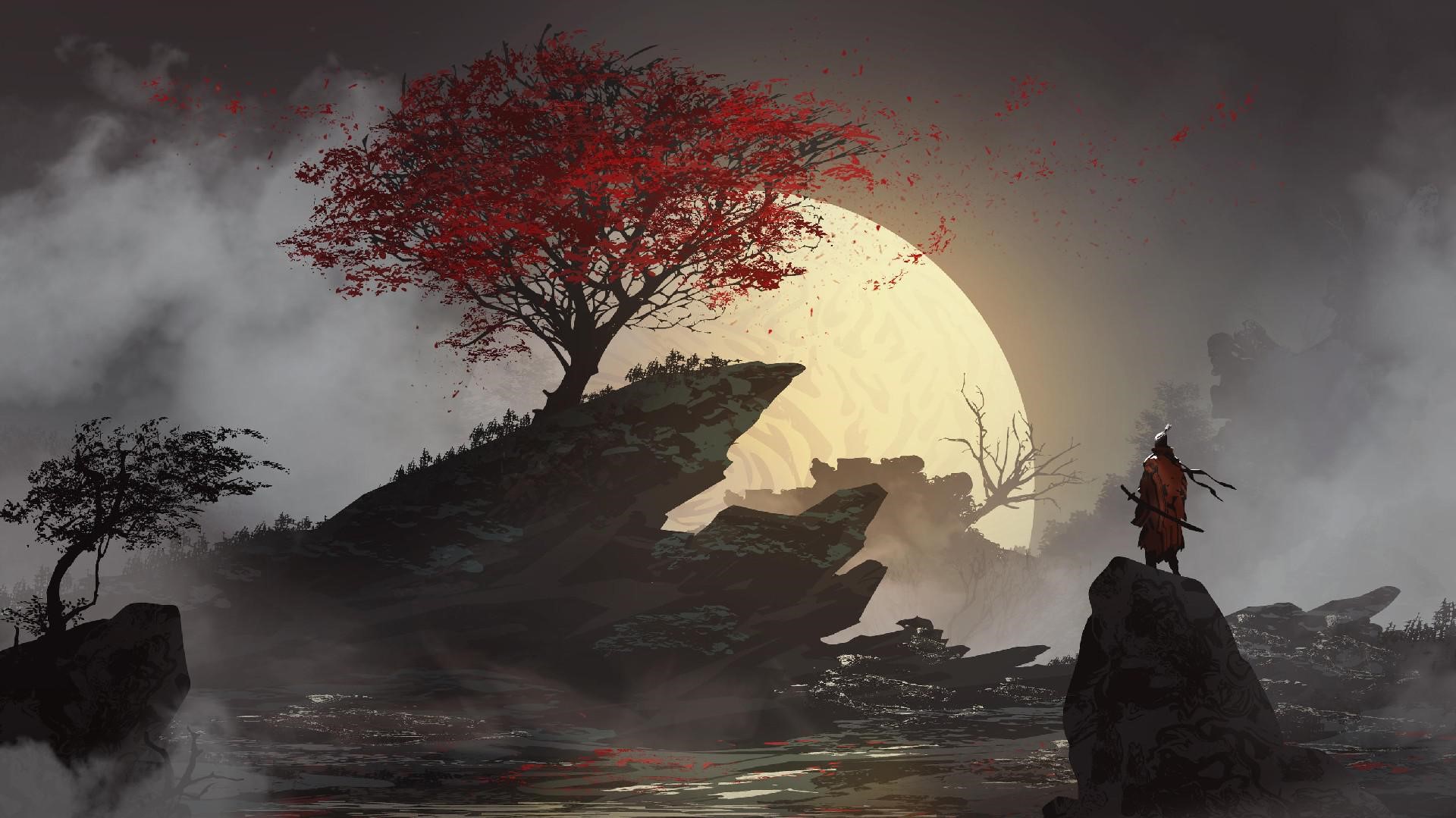 Japanese Samurai Under Red Tree at Sunset HD Wallpaper