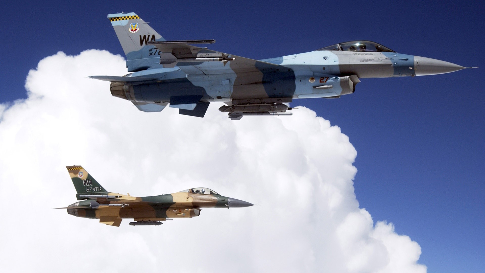 Two US Air Force F-16 fighter jets in flight HD Wallpaper