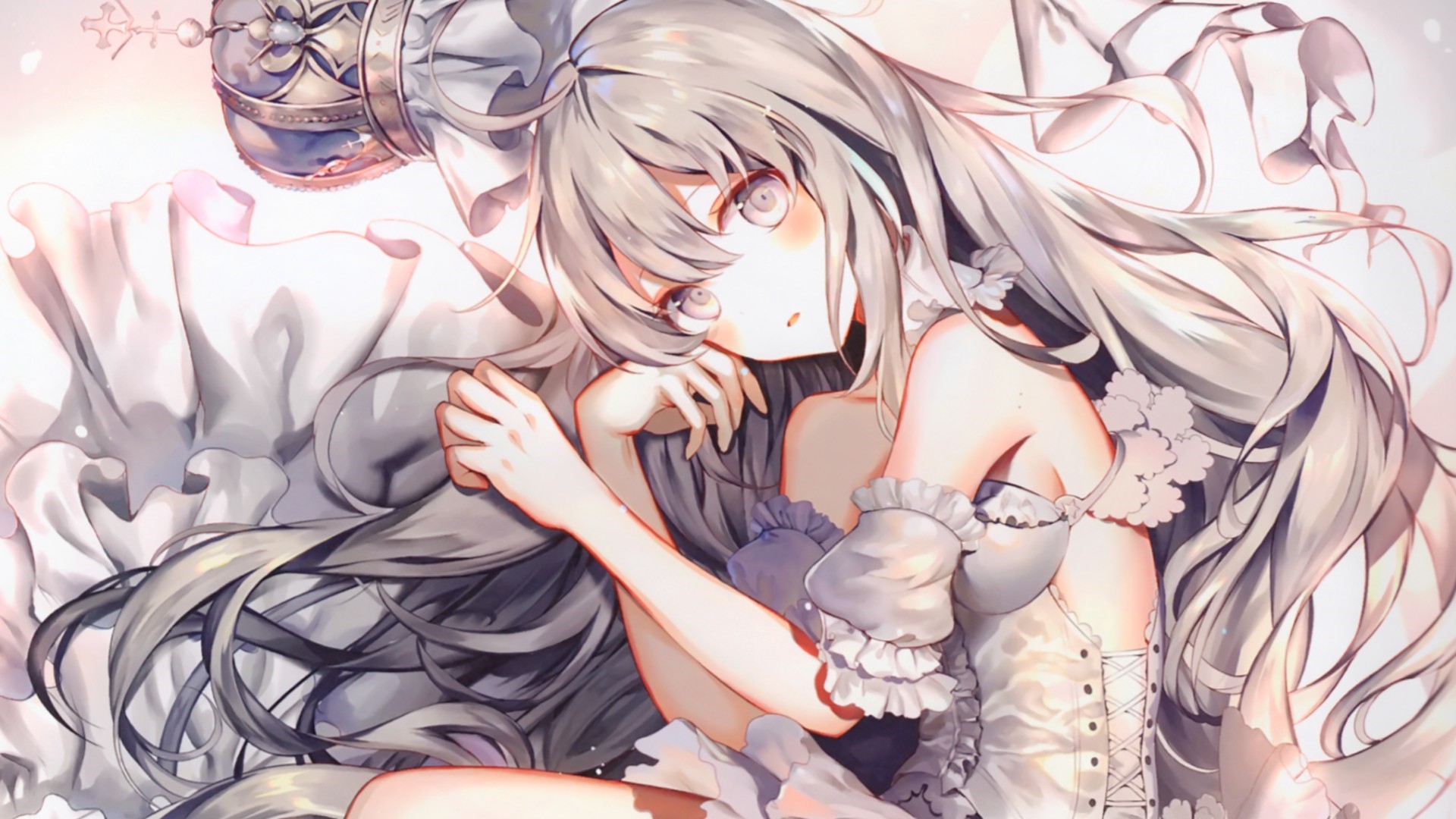 Anime girl with long silver hair and a crown HD Wallpaper