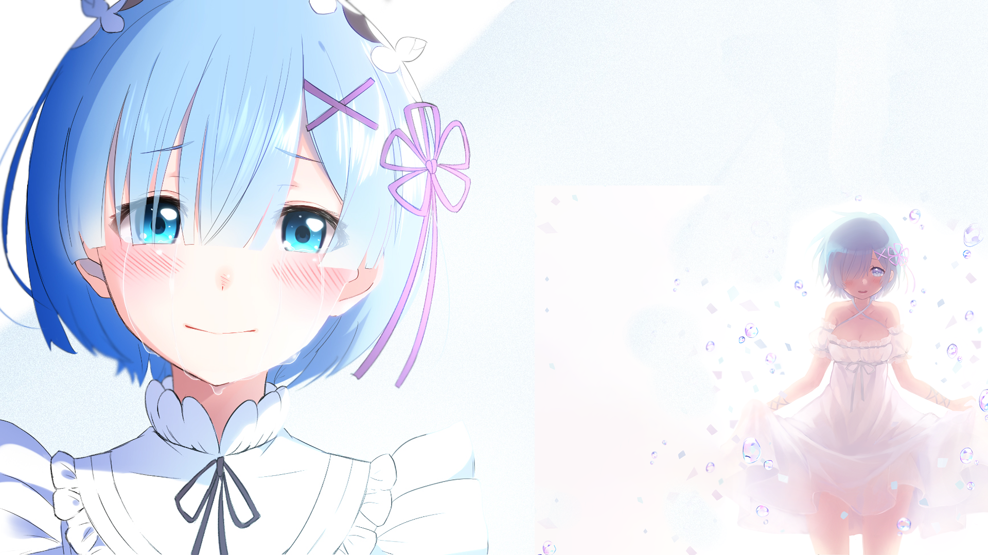 Rem from Re:Zero crying and in a white dress HD Wallpaper