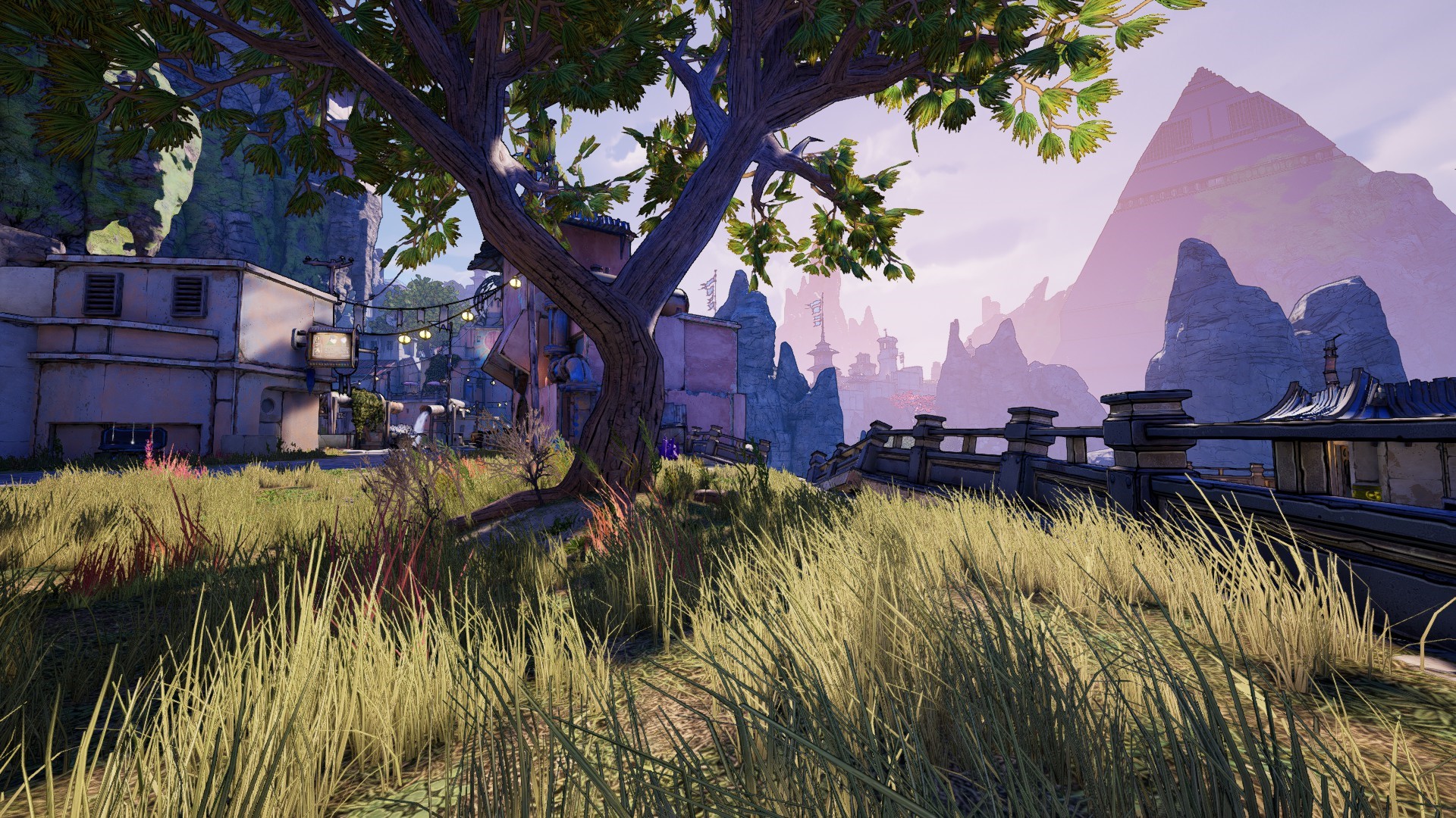 Borderlands 3 screenshot with mountains and buildings HD Wallpaper