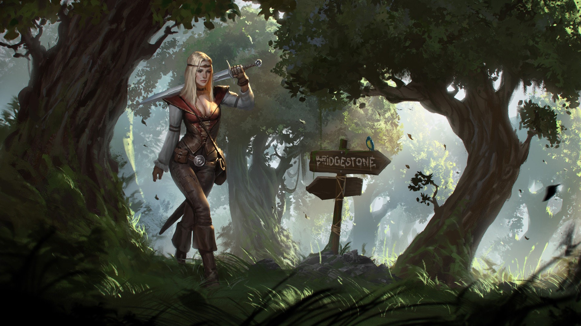 Fantasy girl with sword in forest near Bridgestone sign HD Wallpaper