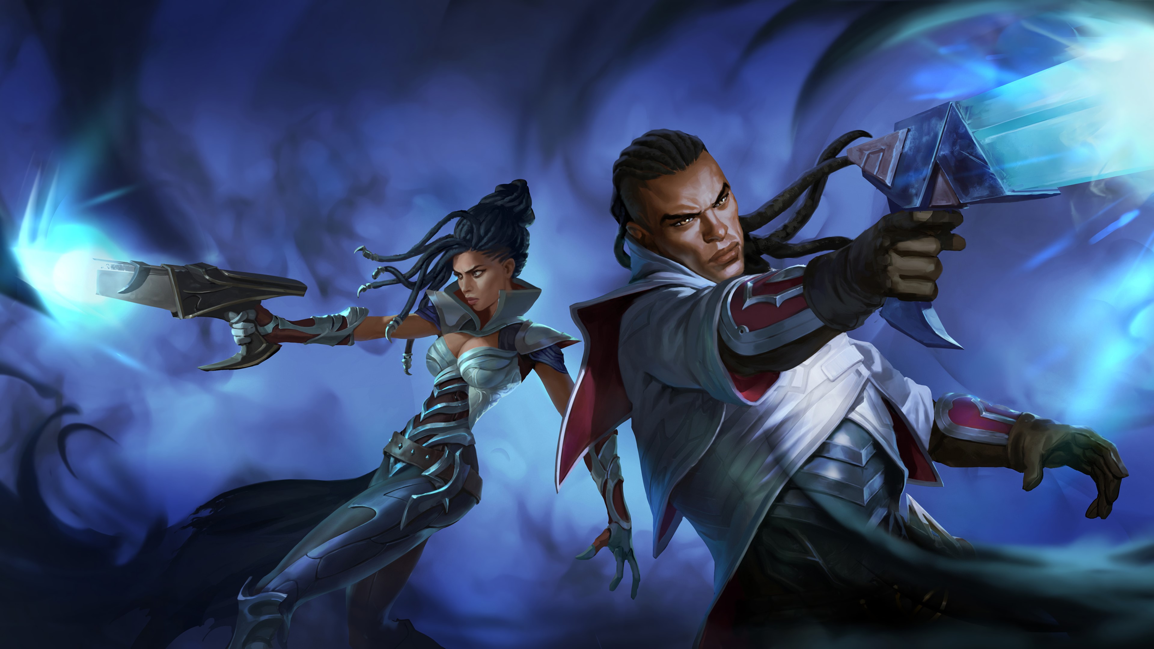 4K League of Legends characters firing energy weapons HD Wallpaper
