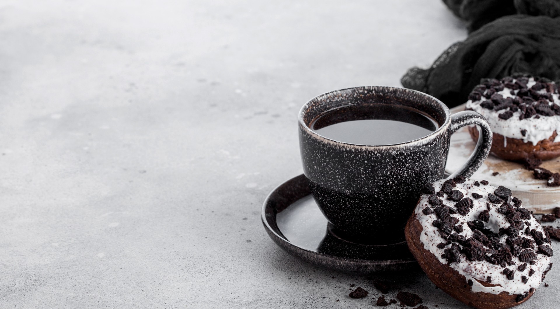 Coffee cup and donuts with cookie crumbs HD Wallpaper