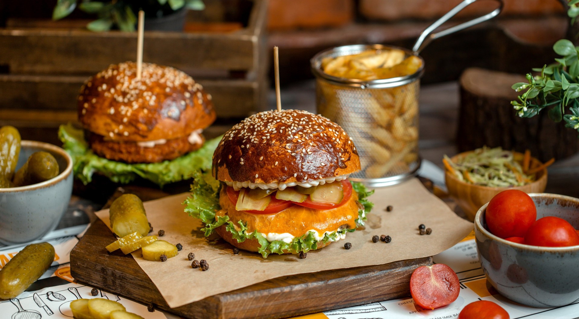 Two burgers with fries, pickles, and tomatoes HD Wallpaper