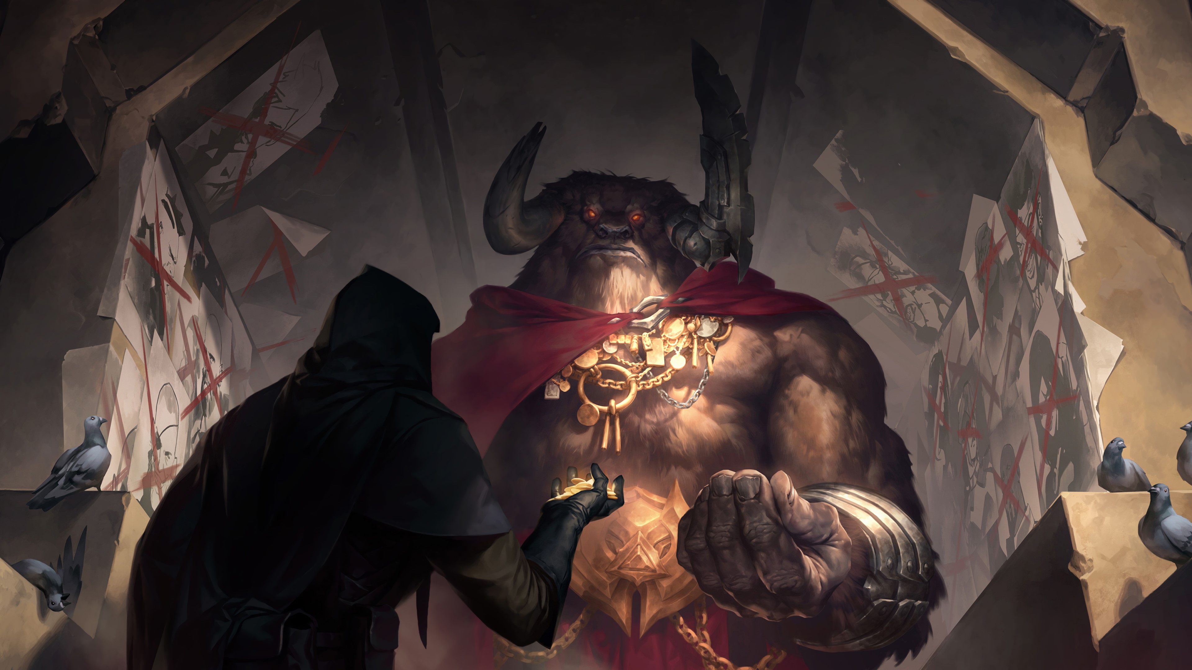 Minotaur from Legends of Runeterra with a hooded figure HD Wallpaper