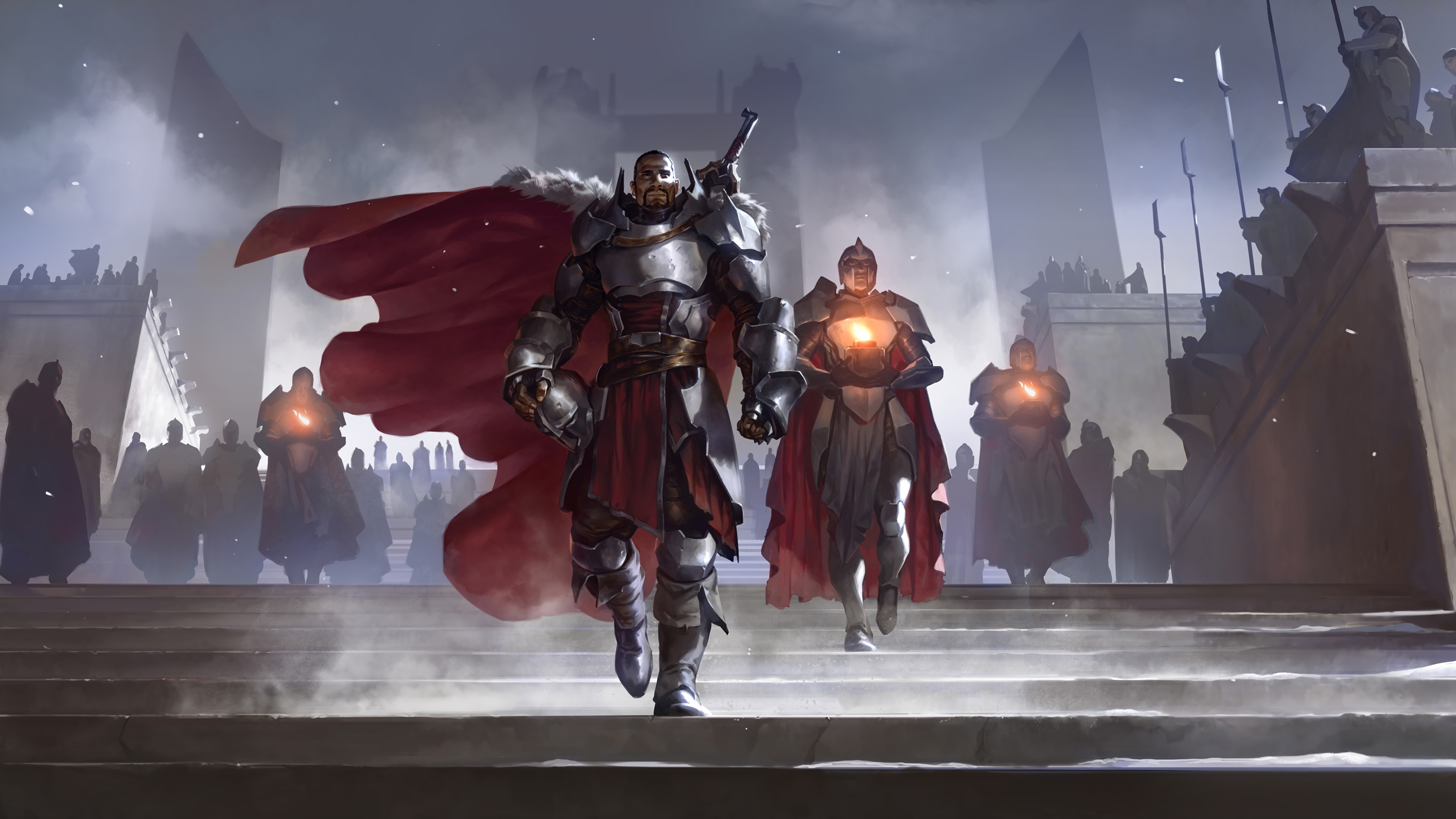 Armored figures with red capes on stairs HD Wallpaper