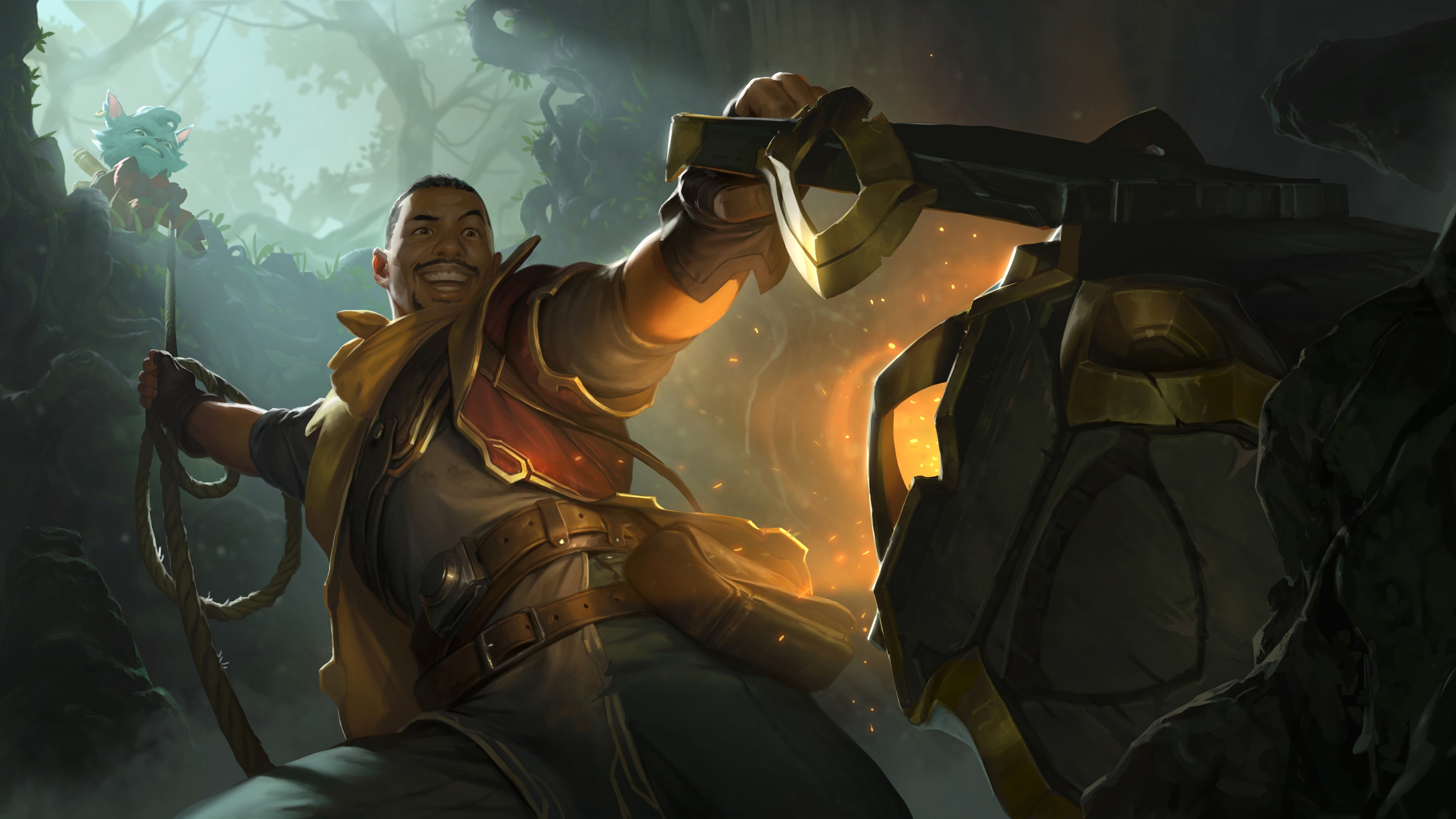 4K League of Legends art featuring a man and a creature HD Wallpaper