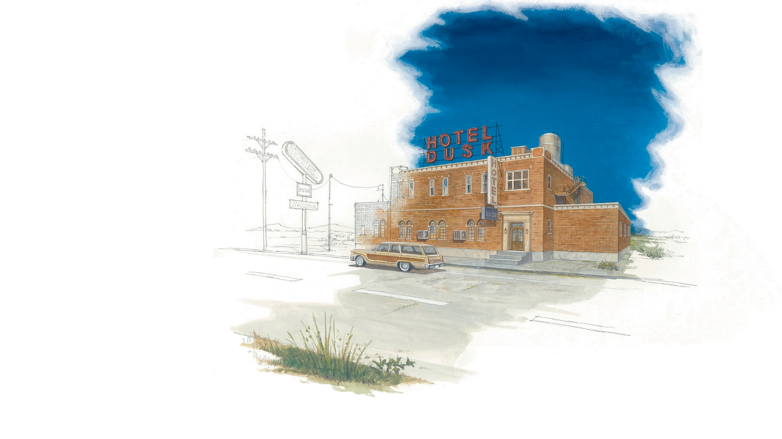 Hotel Dusk building with a station wagon HD Wallpaper