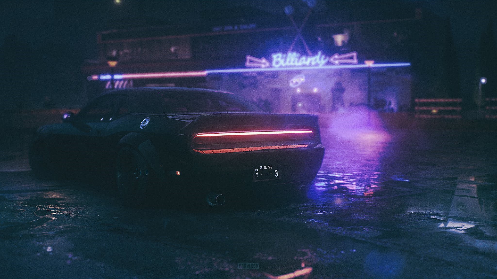 Dodge Challenger parked at a neon-lit billiards bar at night HD Wallpaper