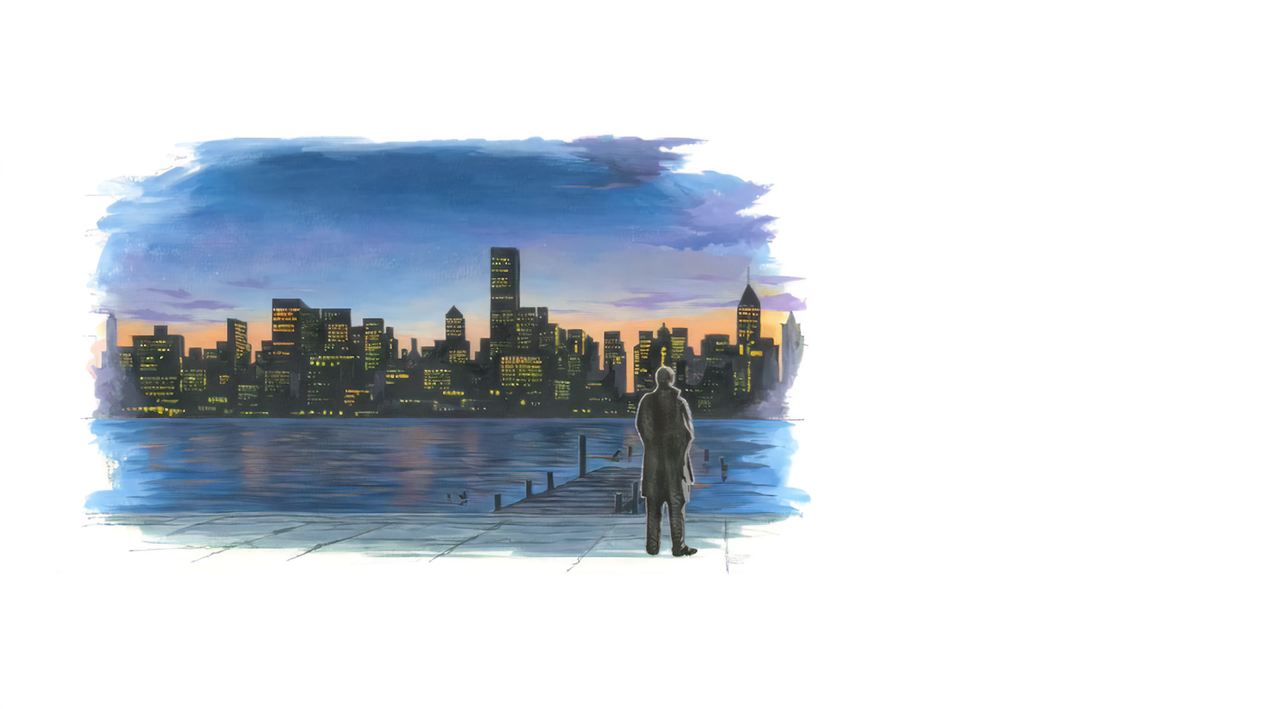 Kyle Hyde from Hotel Dusk looking at a city skyline HD Wallpaper