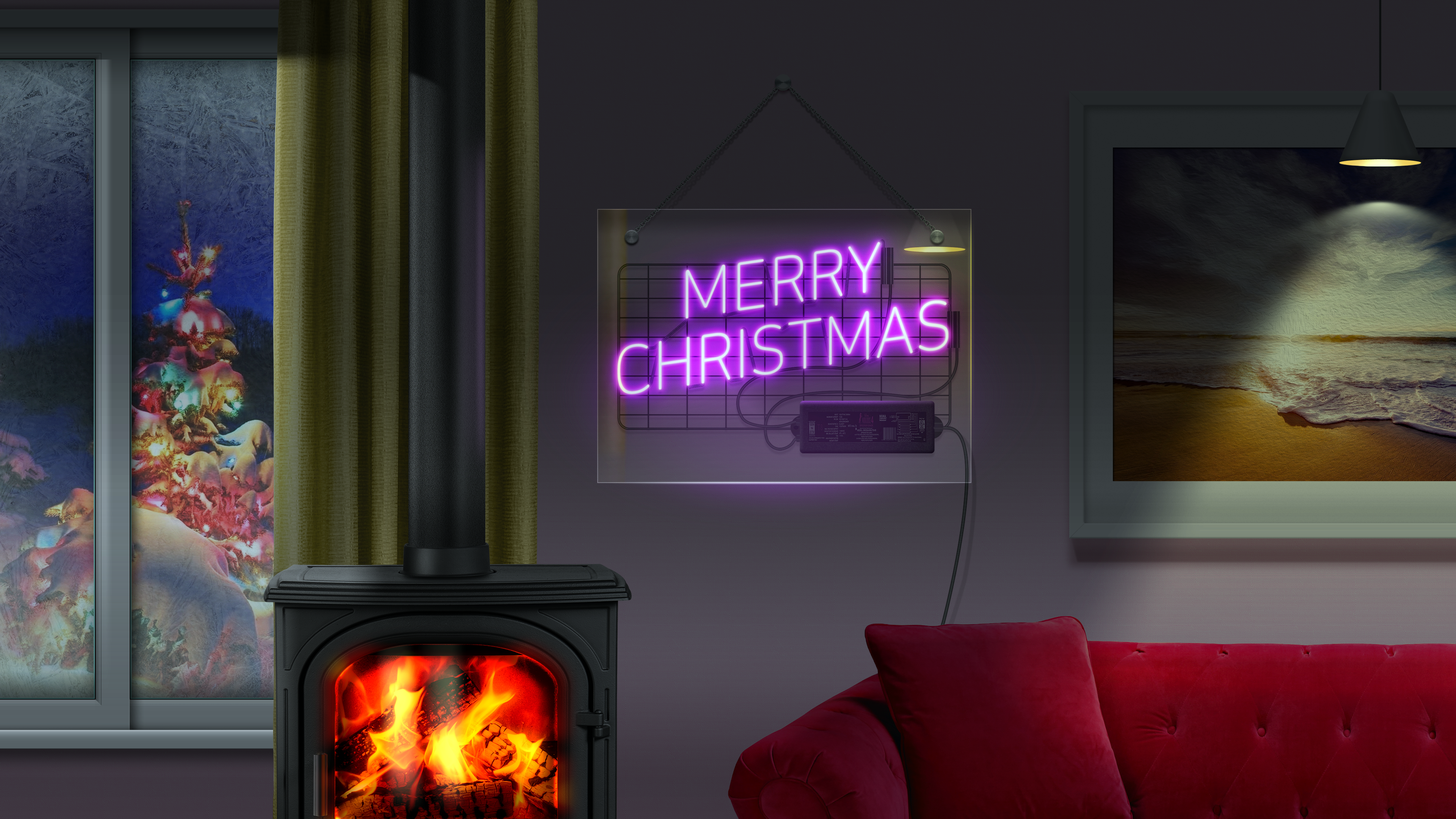Living room with fireplace and neon sign HD Wallpaper