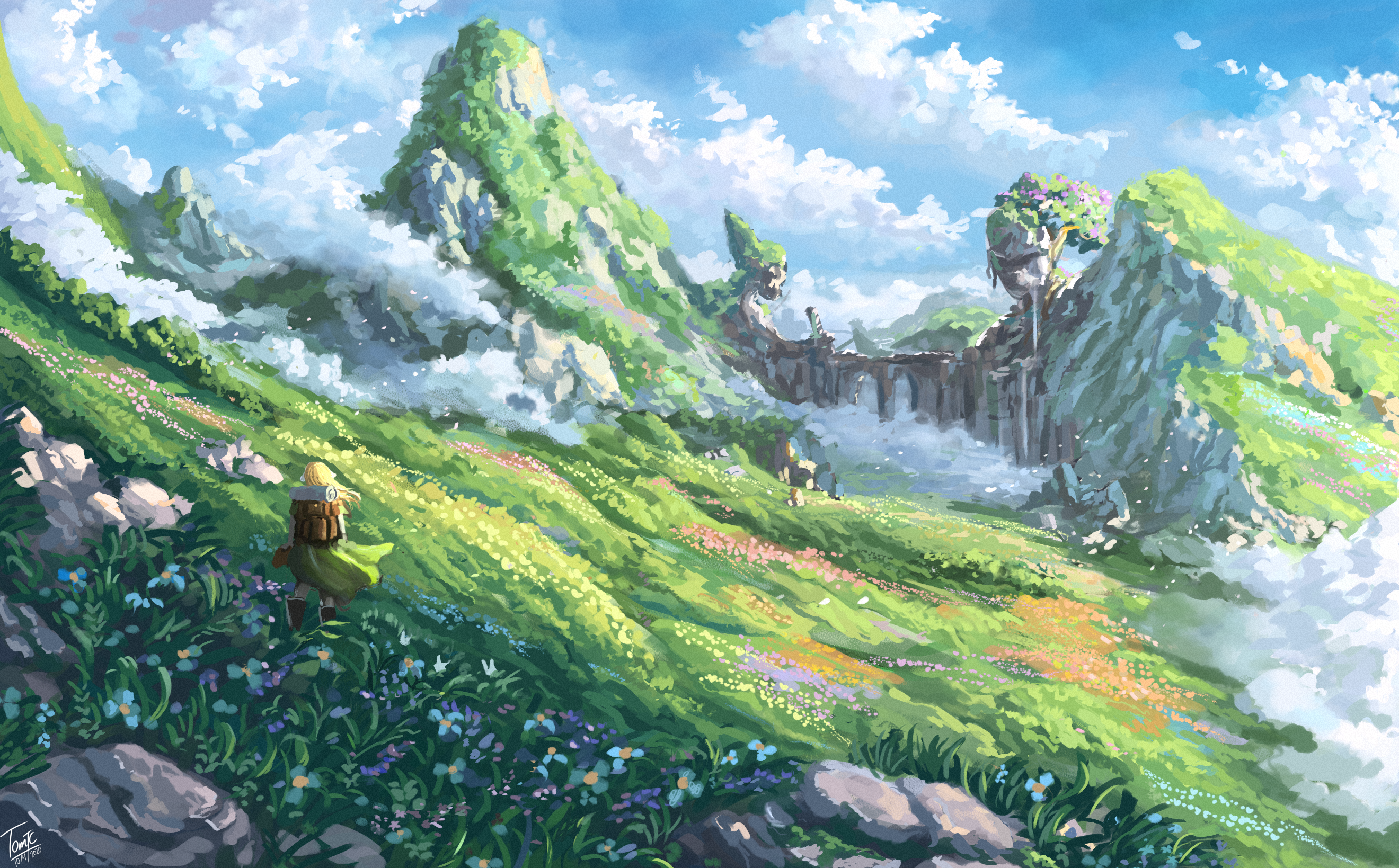 Fantasy landscape with a traveler on a flower-filled mountain HD Wallpaper