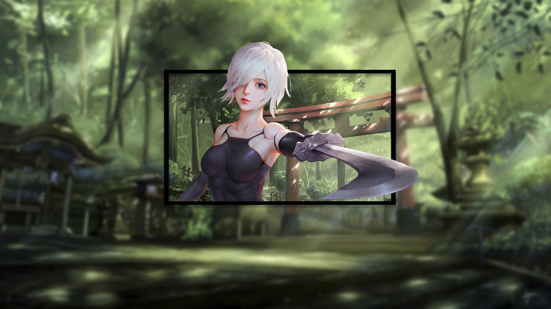 A2 from Nier: Automata in a forest shrine HD Wallpaper