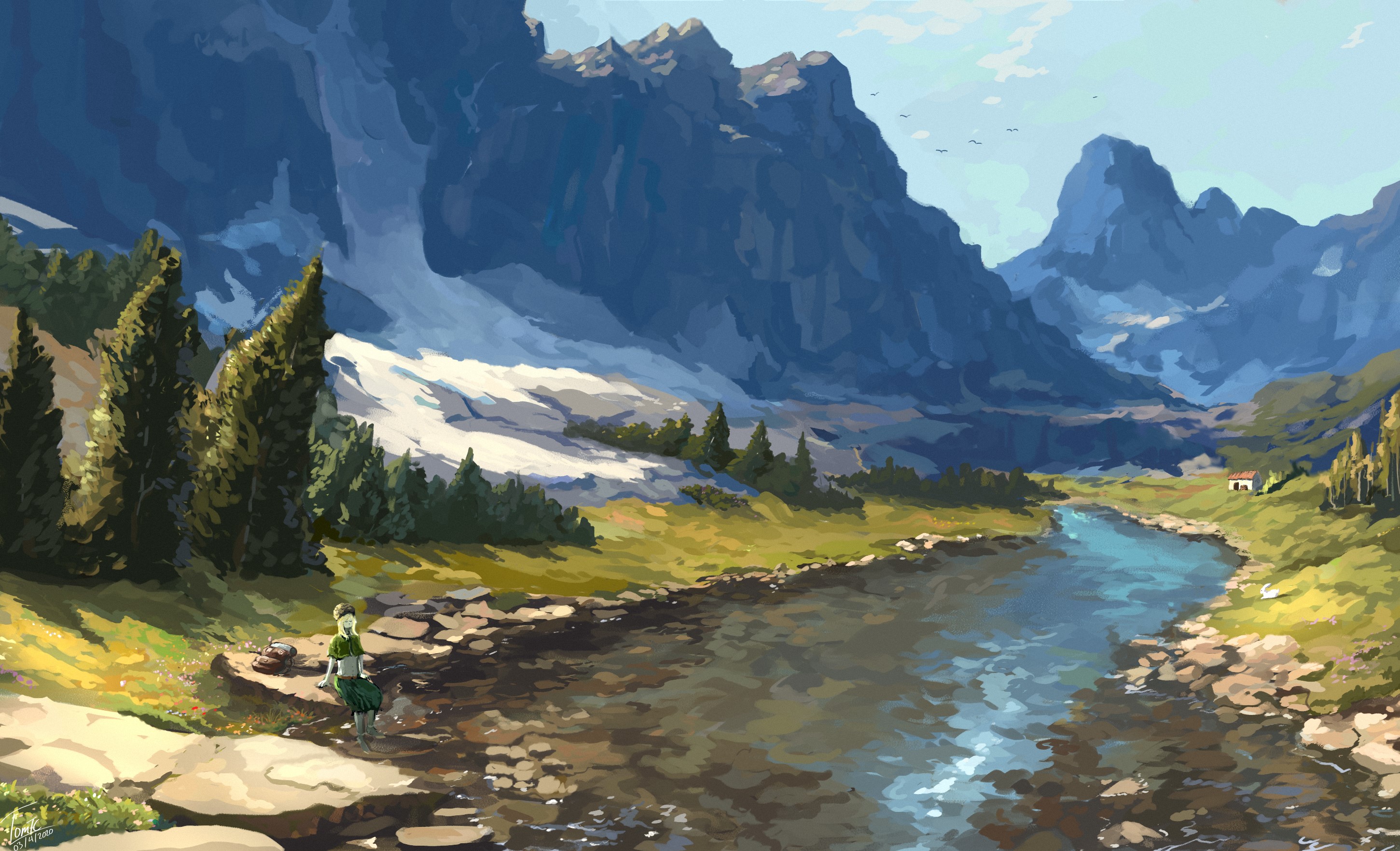 Digital art of a woman by a river in the mountains HD Wallpaper