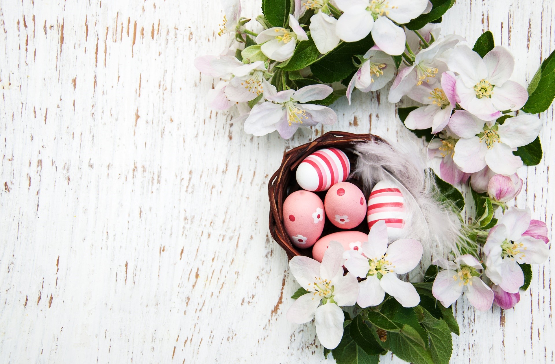 Easter eggs in a basket with flowers HD Wallpaper