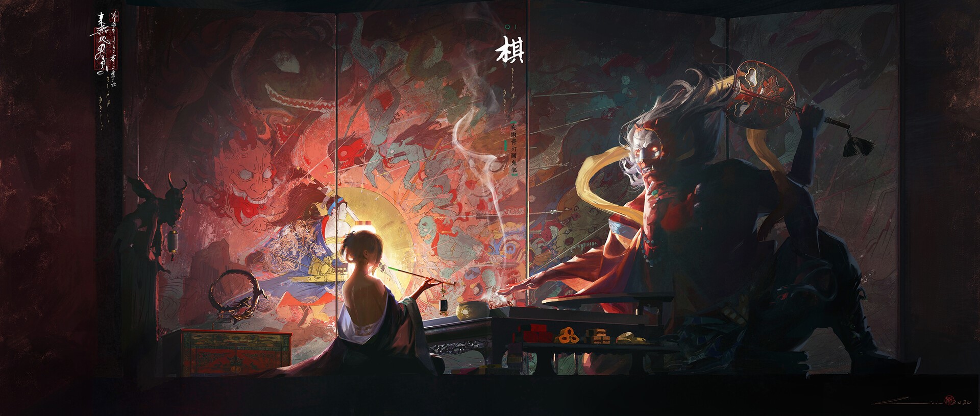 Woman smoking pipe before a painted screen with an Oni HD Wallpaper