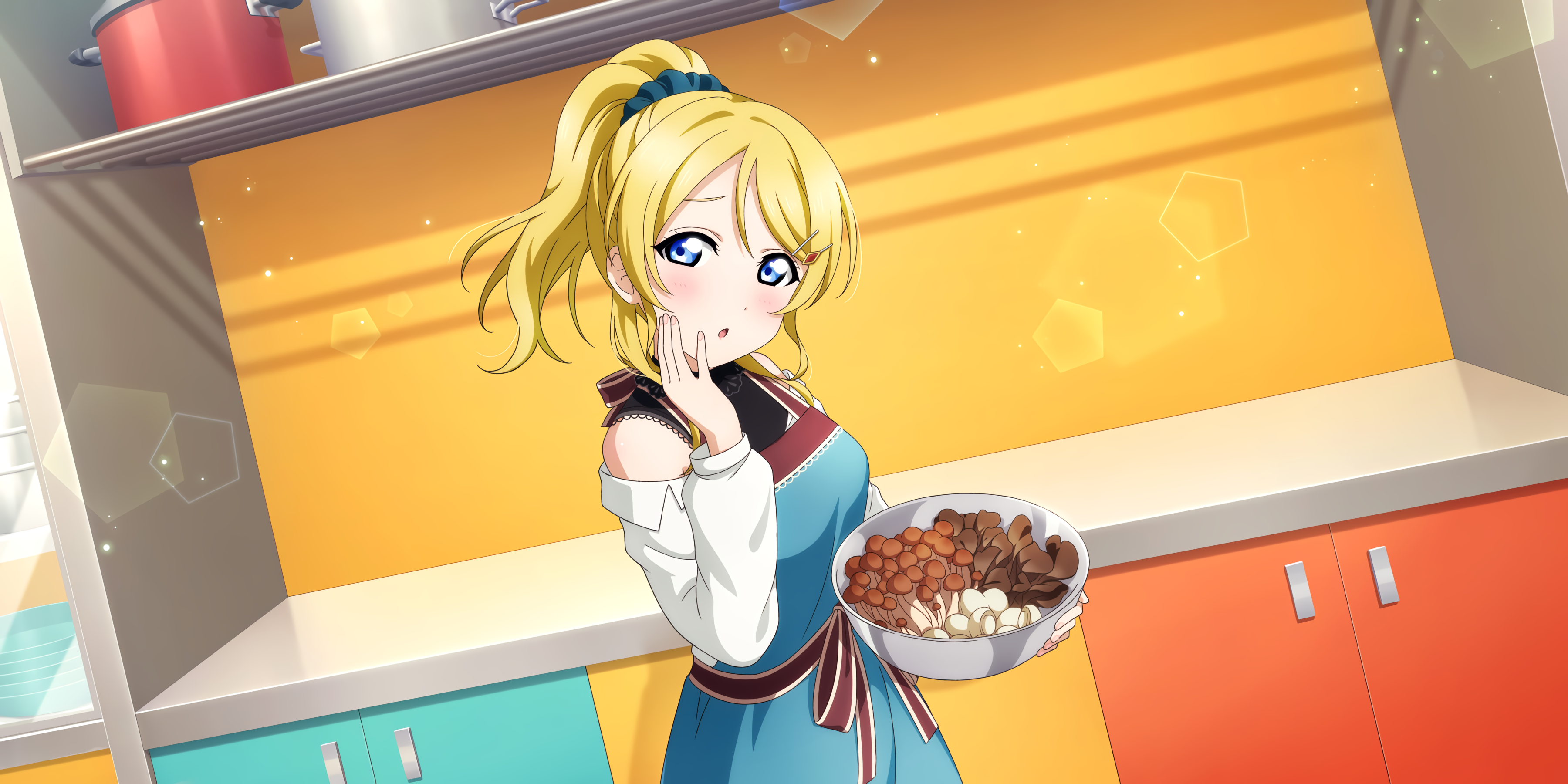 Ayase Eli from Love Live! Series holding a bowl of mushrooms HD Wallpaper