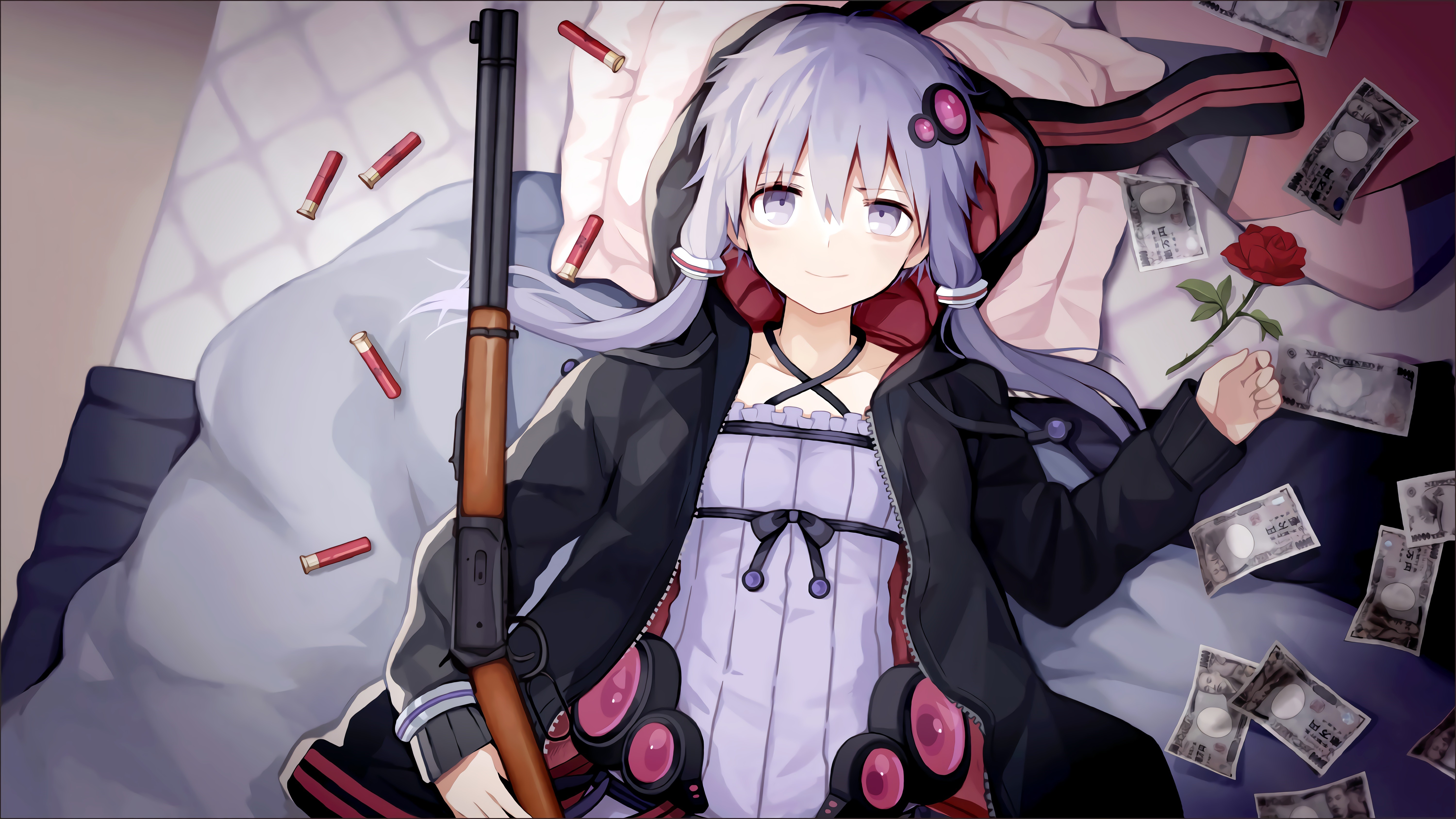 Anime girl with shotgun and money on bed HD Wallpaper