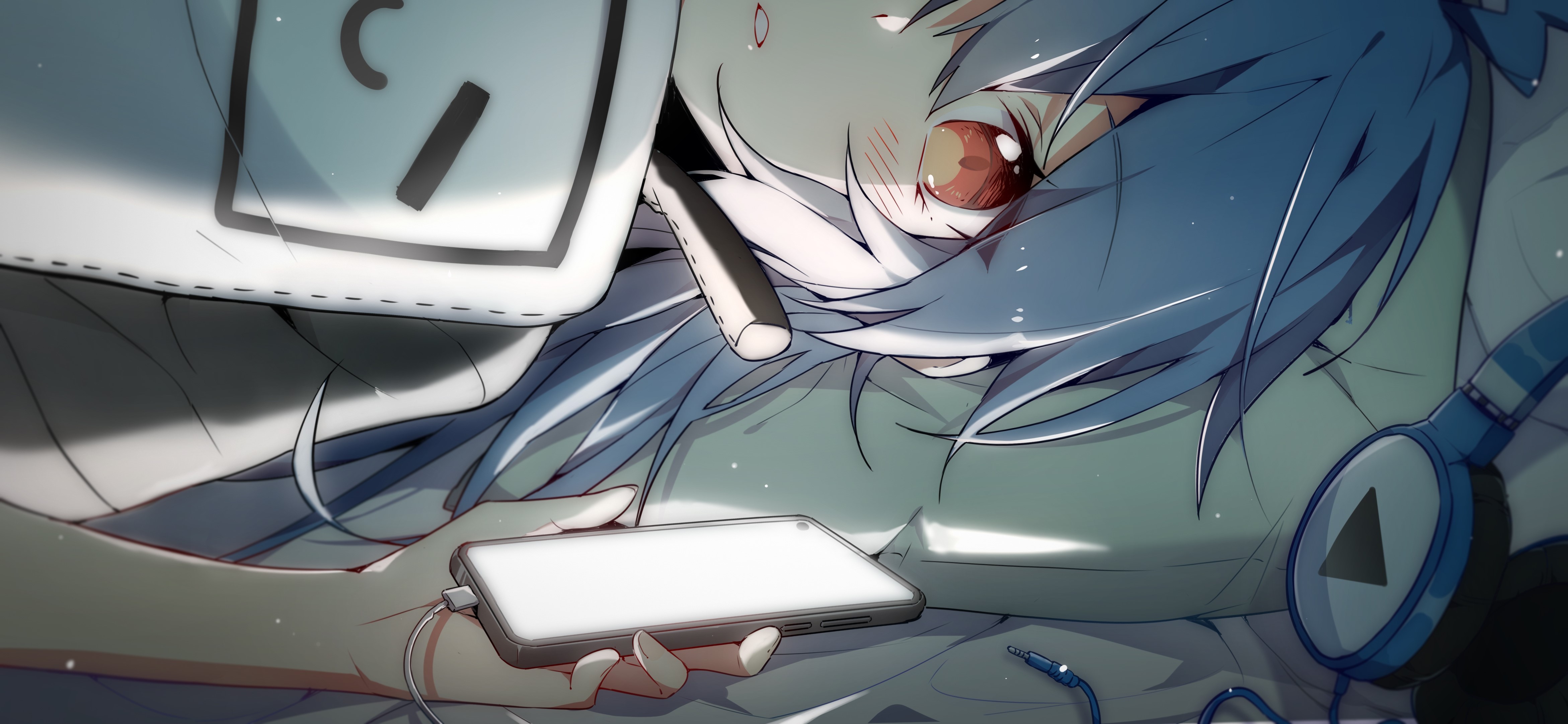 Anime girl with headphones and phone HD Wallpaper