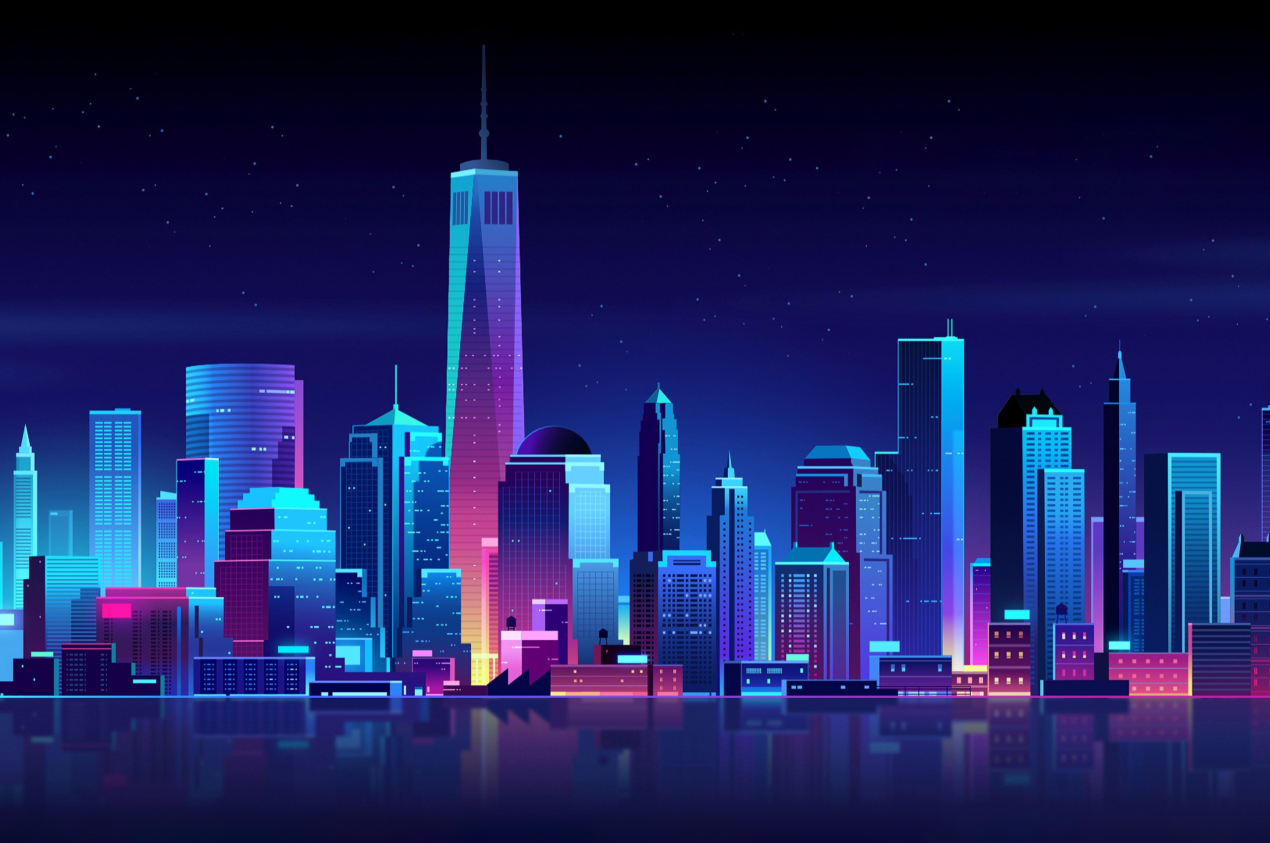 Night Skyline of New York City in Vaporwave Style HD Wallpaper