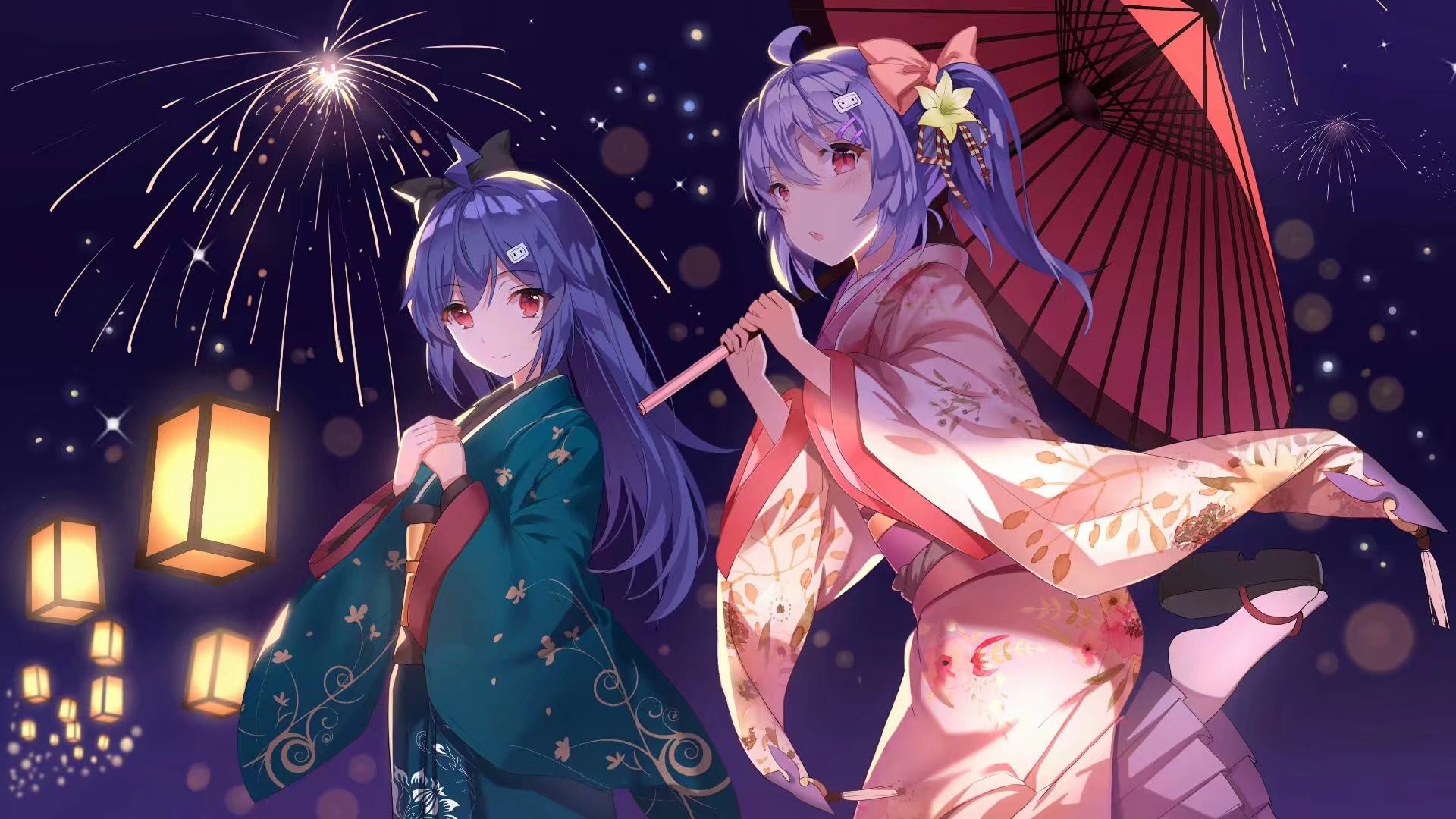 Two anime girls in kimonos at a festival with fireworks HD Wallpaper