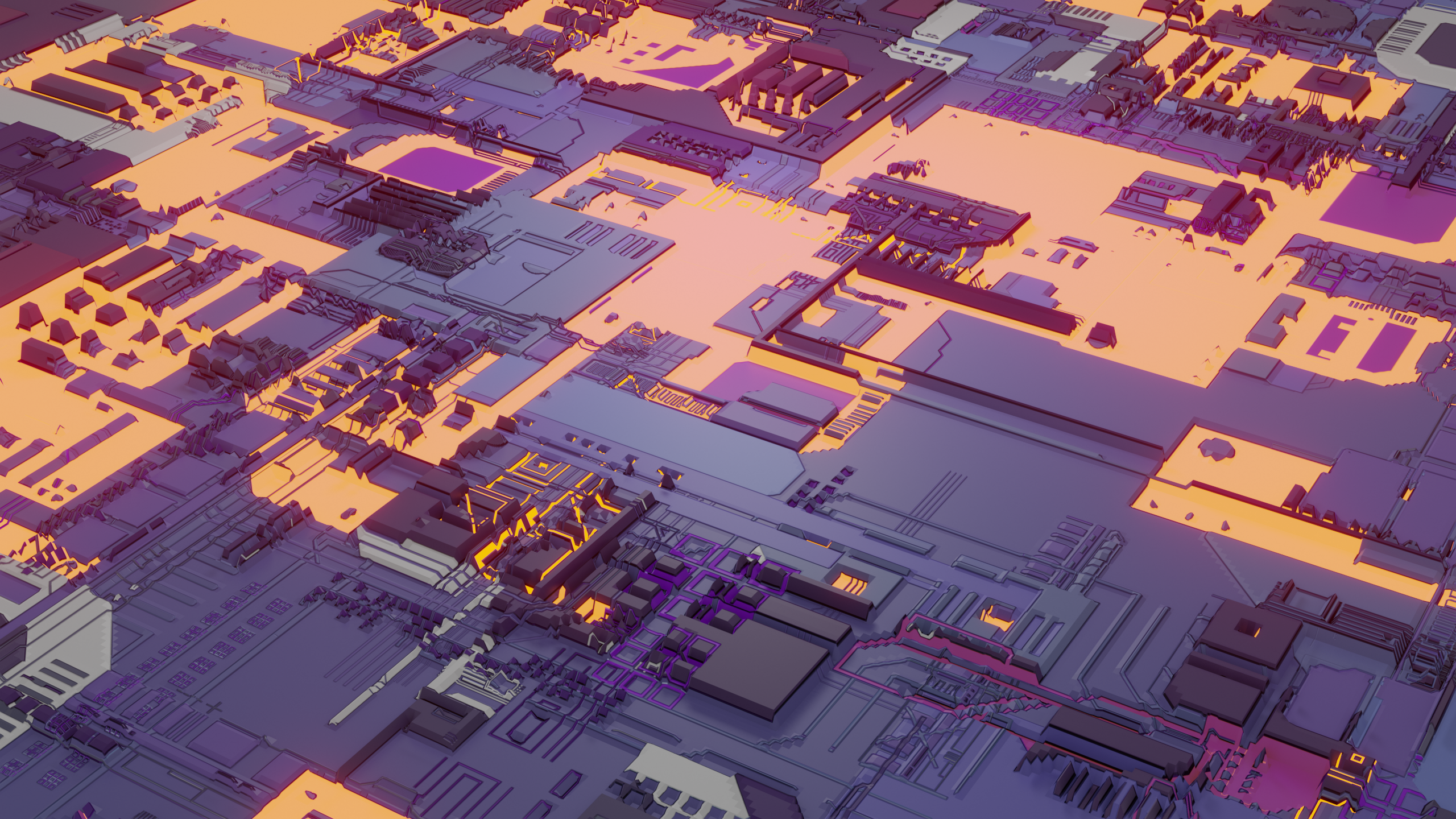 Abstract digital circuit board with orange and purple lighting HD Wallpaper