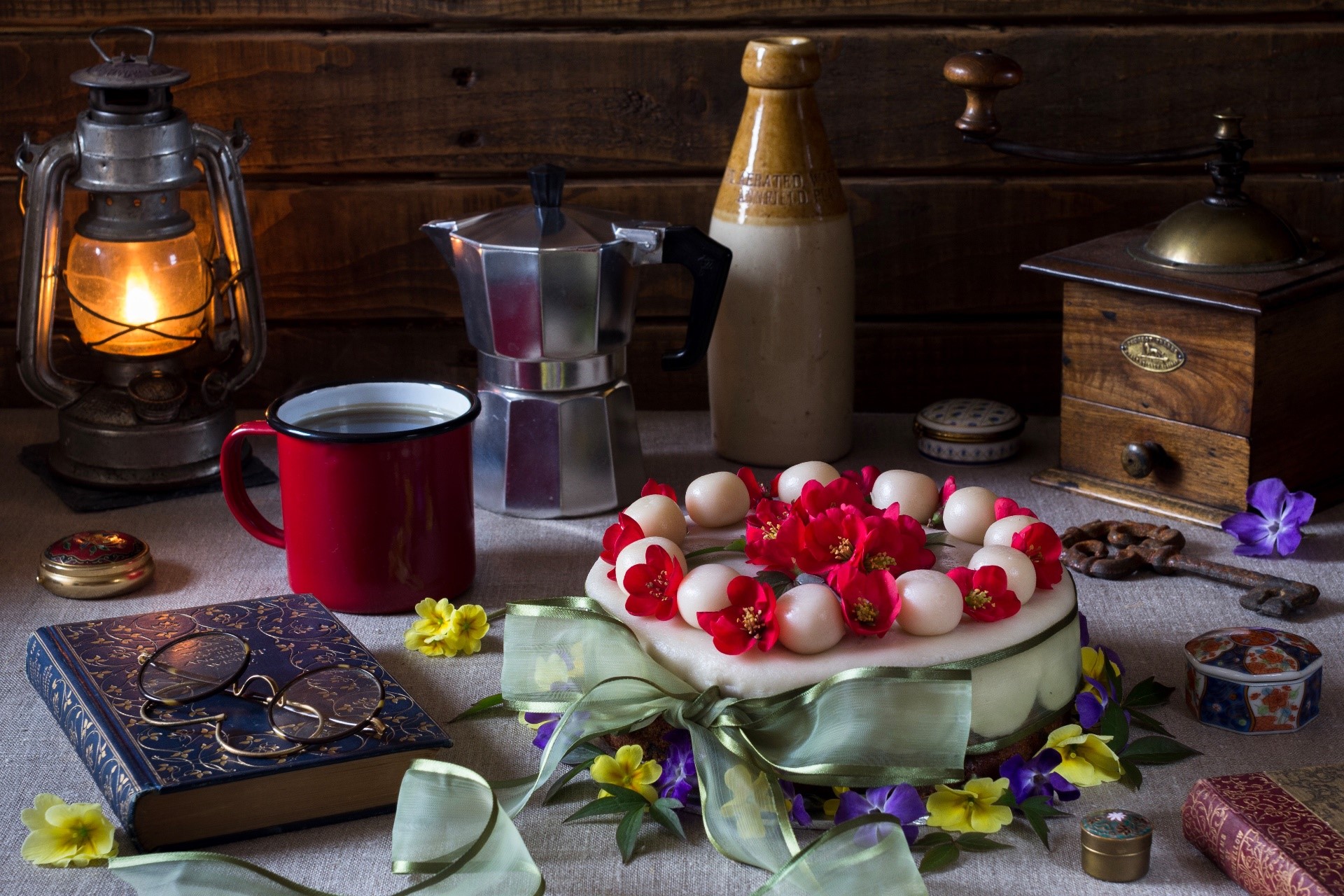Still life with cake, coffee, and vintage items HD Wallpaper