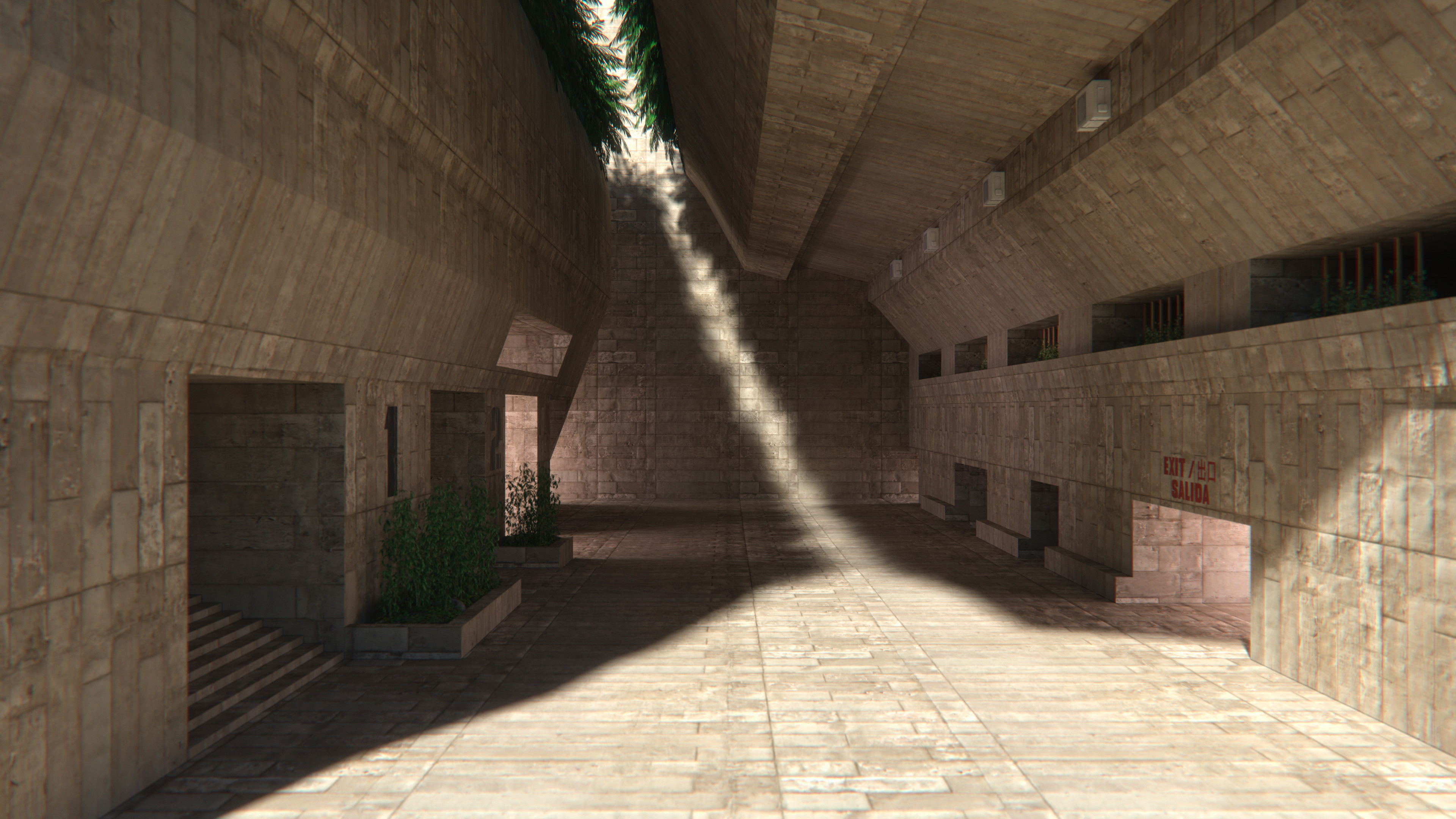 Brutalist architecture with sunbeam and plants HD Wallpaper