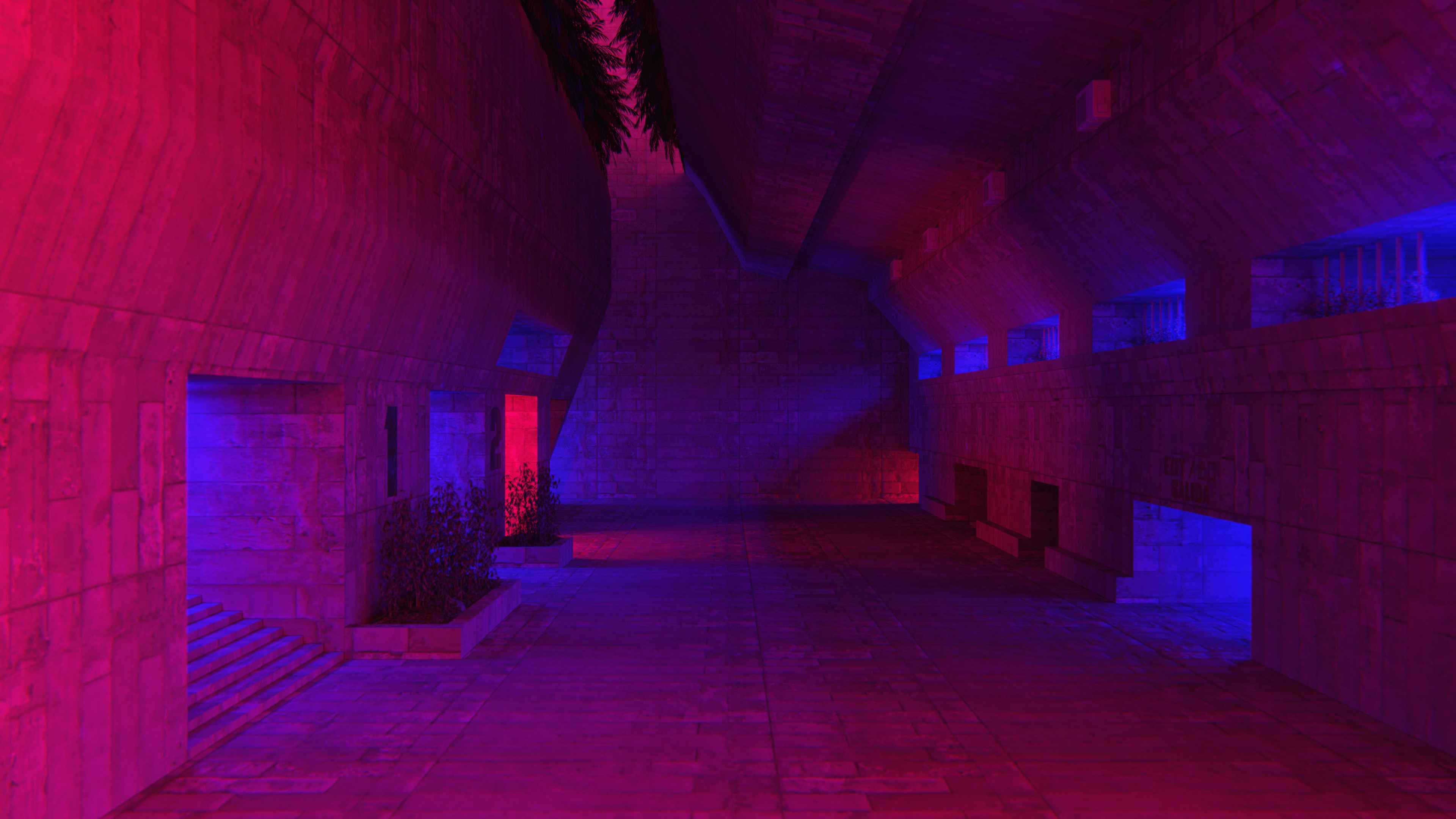Dystopian Brutalist Architecture with Neon Lighting HD Wallpaper