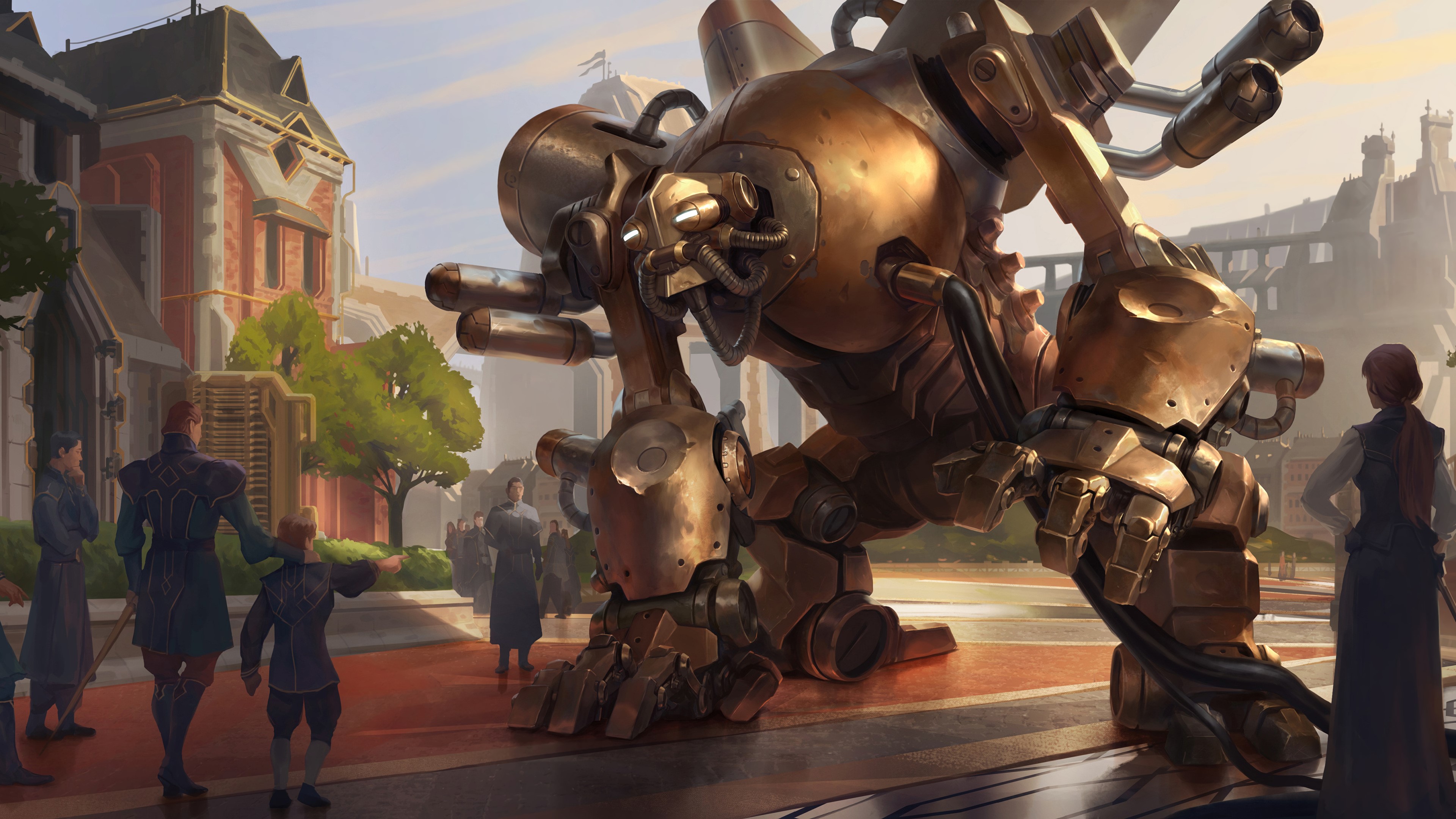 A large steampunk mech in a city square with people HD Wallpaper