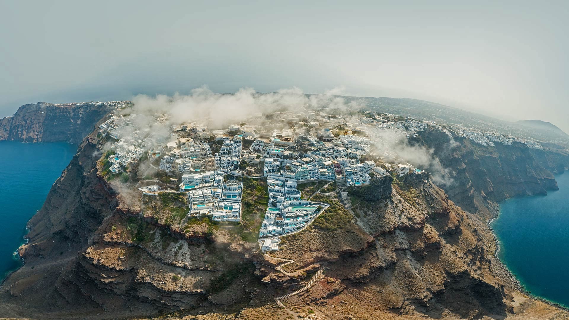Aerial view of Oia village, Santorini, Greece HD Wallpaper