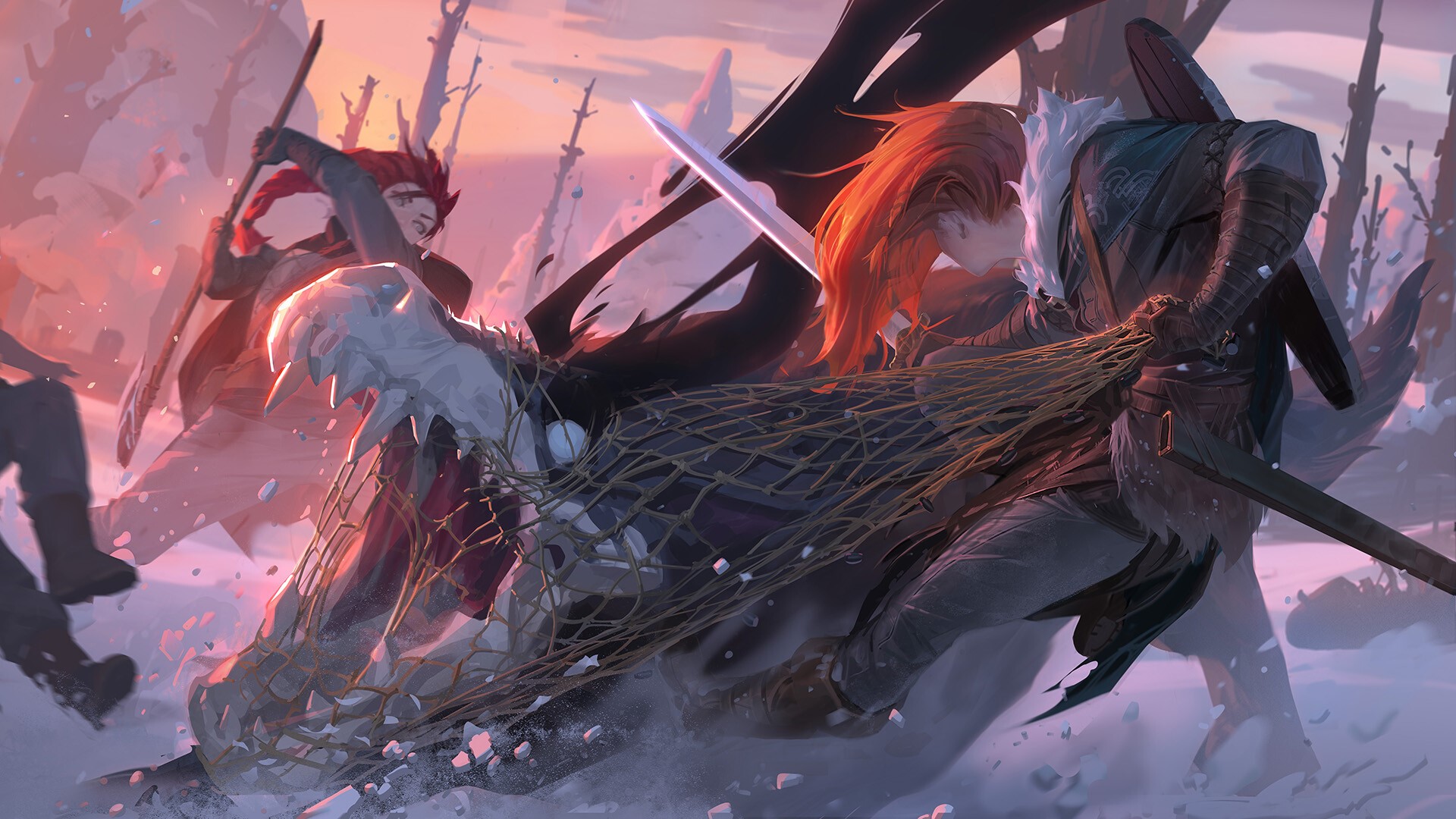 Artwork of warriors in a snowy battle HD Wallpaper