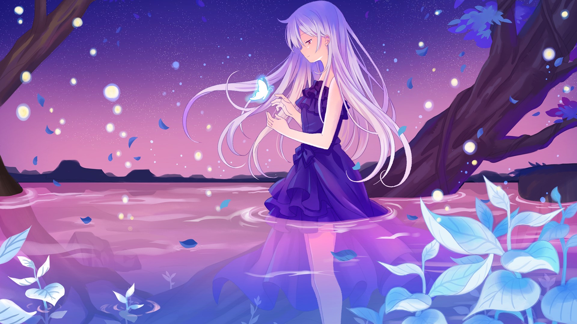 Anime girl with long hair and butterfly in purple dress HD Wallpaper