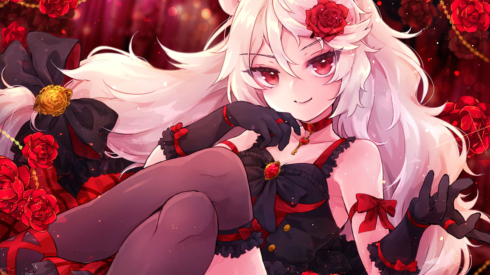 Anime girl with white hair and red eyes surrounded by roses HD Wallpaper