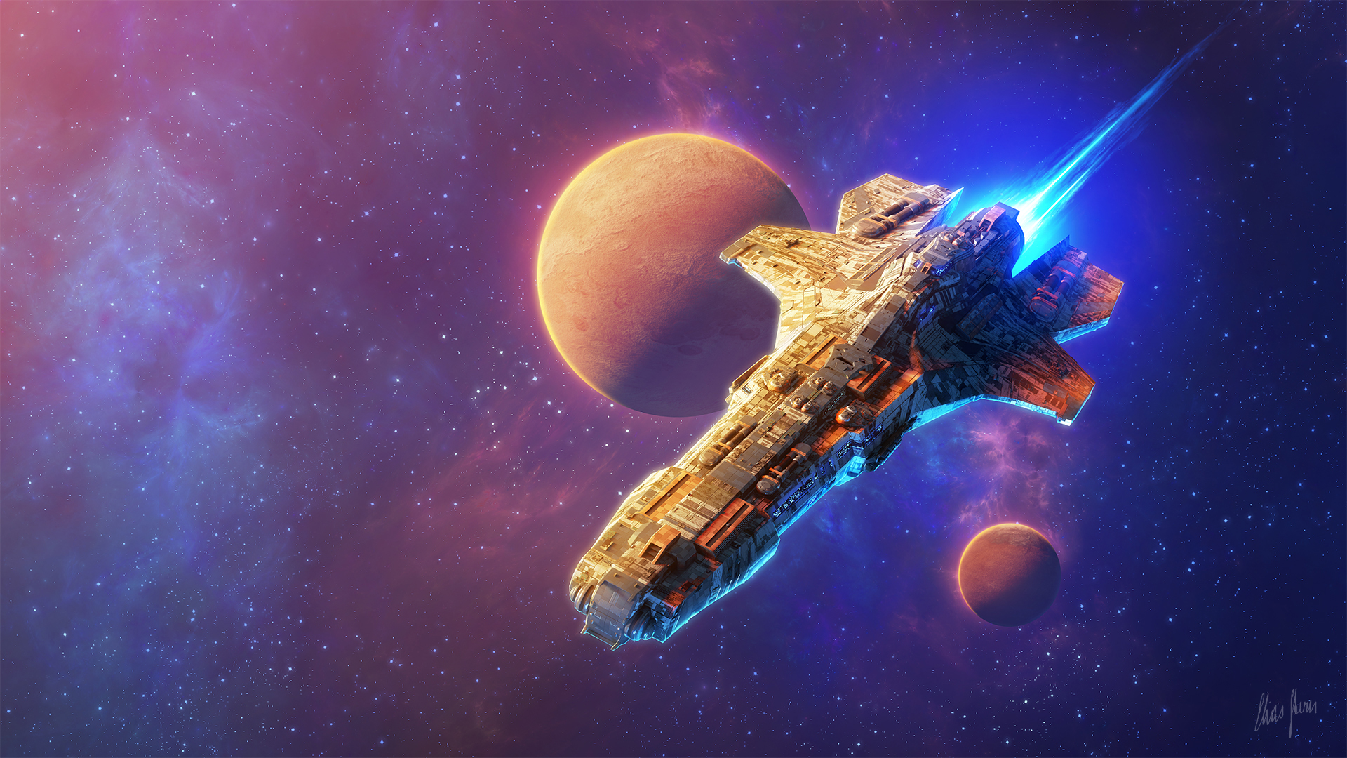 Spaceship traveling through a colorful nebula with planets HD Wallpaper